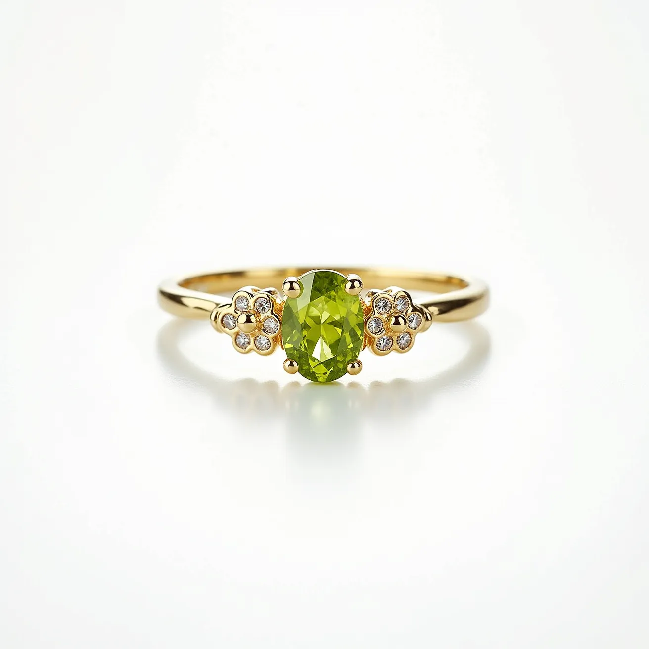 This peridot engagement ring features a vibrant oval-cut peridot gemstone as its centerpiece, elegantly set in a classic four-prong mounting. The ring is crafted from a polished gold band that enhances the warm hues of the peridot. Flanking the central stone are delicate flower-shaped clusters, each adorned with small, round, clear accent stones, adding a touch of sparkle and sophistication to the design. The elegant arrangement and choice of materials make this ring a unique and striking piece for engagement occasions.