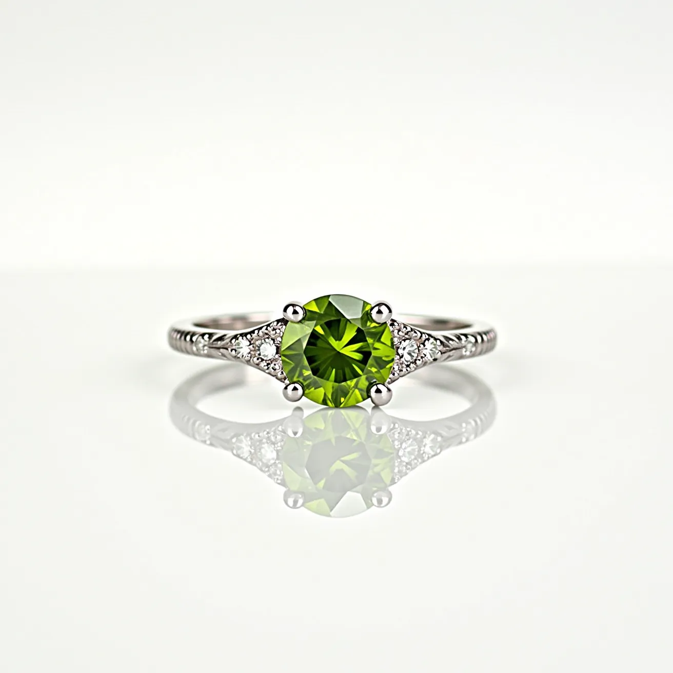 This peridot engagement ring features a stunning round-cut peridot as the centerpiece, exuding a vibrant green hue. The peridot is securely held in place by a classic four-prong setting, showcasing its brilliance. Flanking the central gem are two smaller round diamonds on each side, adding a touch of sparkle and elegance to the design. The band is crafted from a polished white metal, likely white gold or platinum, enhancing the overall sophisticated appearance. The ring's band is intricately detailed with a delicate engraving, adding an extra element of charm and uniqueness to the piece.