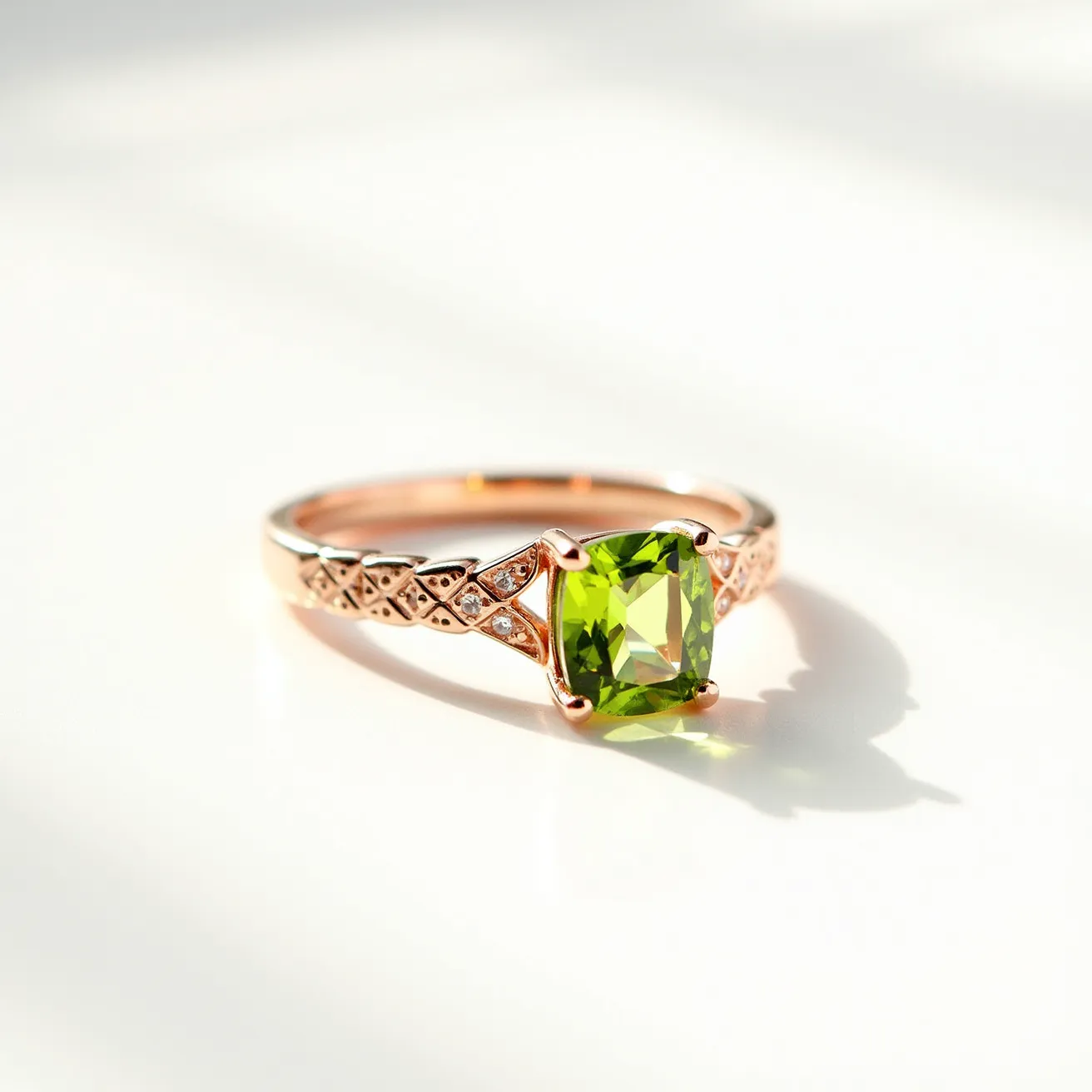 This peridot engagement ring features a striking cushion-cut peridot stone set prominently at its center. The band is crafted from rose gold, adding a warm and elegant hue that complements the vibrant green of the peridot. The ring showcases intricate detailing along the band, with small diamonds embedded in a decorative pattern that enhances its overall sparkle and sophistication. The peridot is securely held in place by a classic prong setting, ensuring both stability and maximum exposure to light. The combination of materials and design elements results in a unique and visually captivating piece.