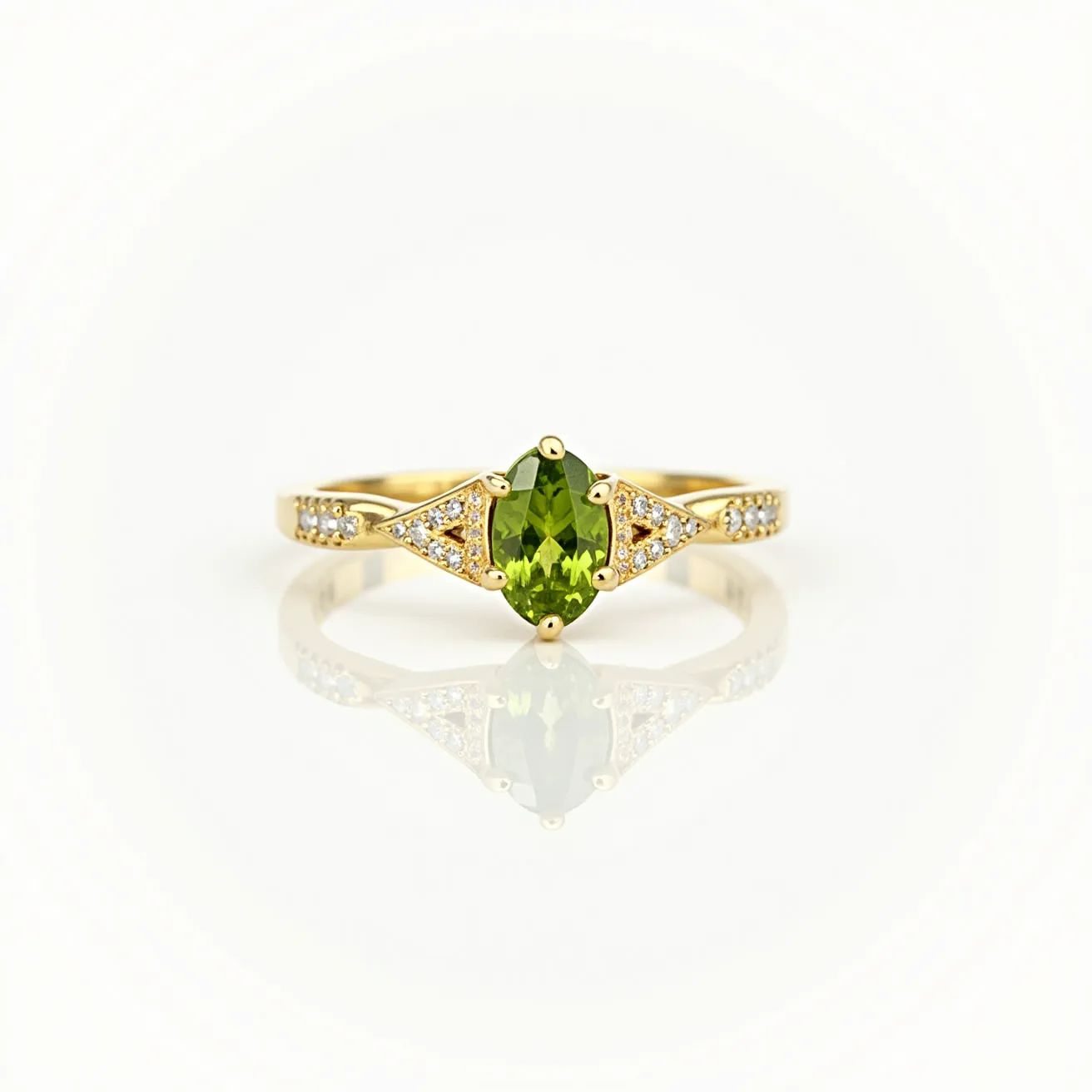 This peridot engagement ring features a striking marquise-cut peridot as its centerpiece, secured in a prong setting. The vibrant green hue of the peridot is complemented by a band crafted from gold, offering a warm contrast. Flanking the central gemstone are clusters of small round diamonds set in triangular arrangements on either side, enhancing the ring's elegance and sparkle. The band itself boasts additional small diamonds embedded into it, adding a subtle shimmer to the design.