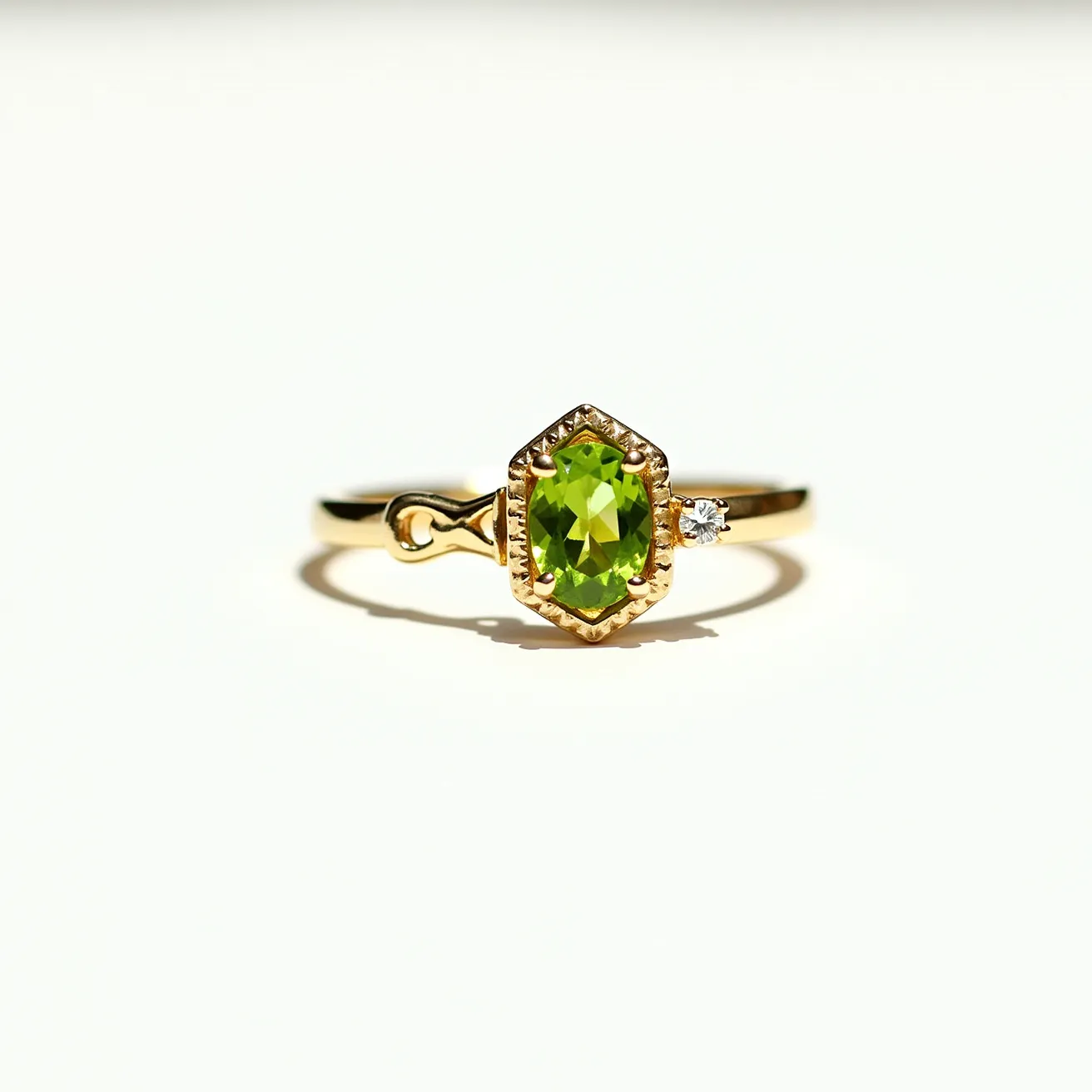 This peridot engagement ring features a vibrant, faceted peridot stone set in a hexagonal bezel setting crafted in yellow gold, which enhances its vivid green hue. The band, also made of yellow gold, is elegantly slim and includes a delicate twist detail near the centerpiece, adding a unique touch to the design. On one side of the peridot, a small round-cut diamond accent complements the central stone, providing an extra hint of sparkle. The combination of the striking peridot with the subtle yet sophisticated diamond accent highlights the ring's graceful and modern aesthetic.