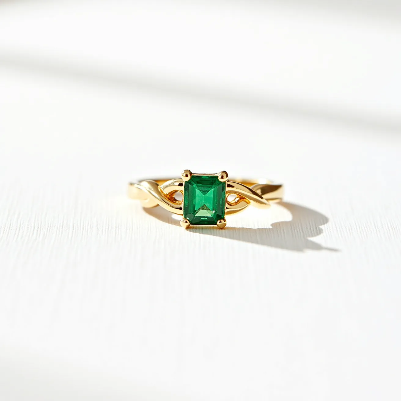 This peridot engagement ring features a vibrant square-cut peridot gem set in a classic prong setting, which securely holds the stone while allowing maximum light to enhance its green hue. The band is crafted from polished yellow gold, exuding a warm glow that complements the green gemstone beautifully. It incorporates an elegant, intertwined design that adds a touch of sophistication to the ring. The overall craftsmanship and choice of materials create a stunning piece that embodies both elegance and modern flair.