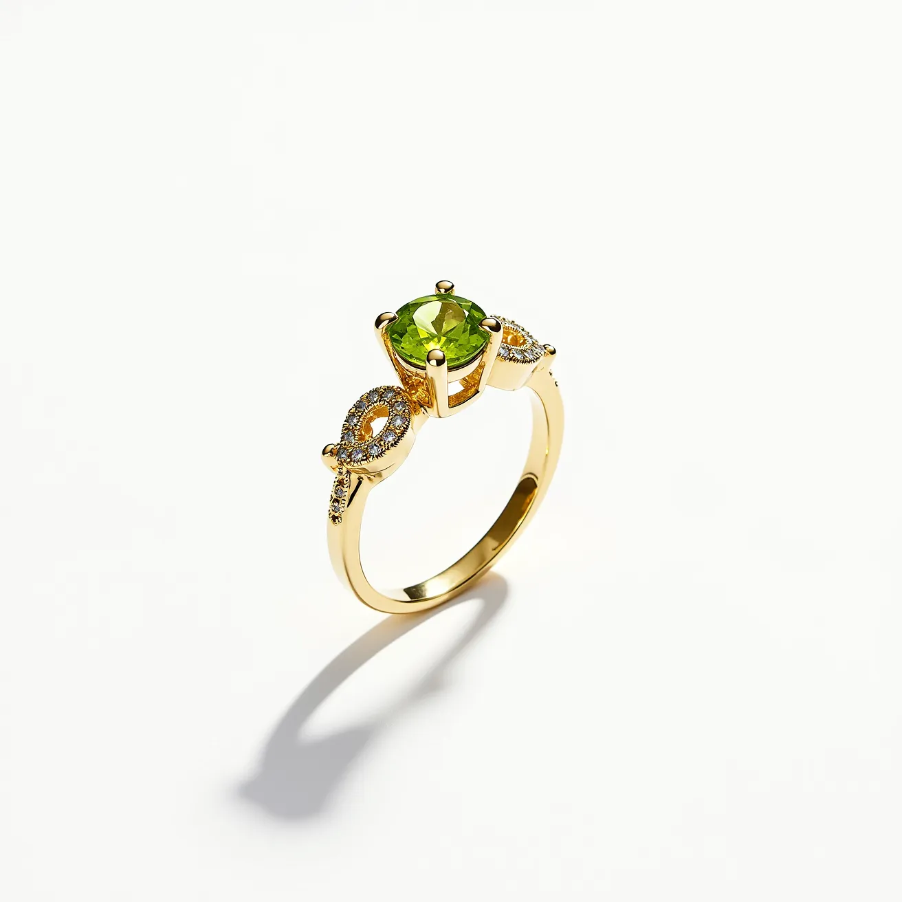 This peridot engagement ring features a vibrant green peridot gemstone as its centerpiece, cut in a round shape and securely held by a prong setting. The band is crafted from a yellow metal, likely gold, complementing the stone's vivid hue. Flanking the central peridot on either side are marquise-shaped settings adorned with small, sparkling diamonds or diamond-like stones, adding an elegant touch to the overall design. This arrangement creates a striking contrast and draws attention to the center stone. The ring's symmetry and use of complementary materials showcase a classic yet modern style.