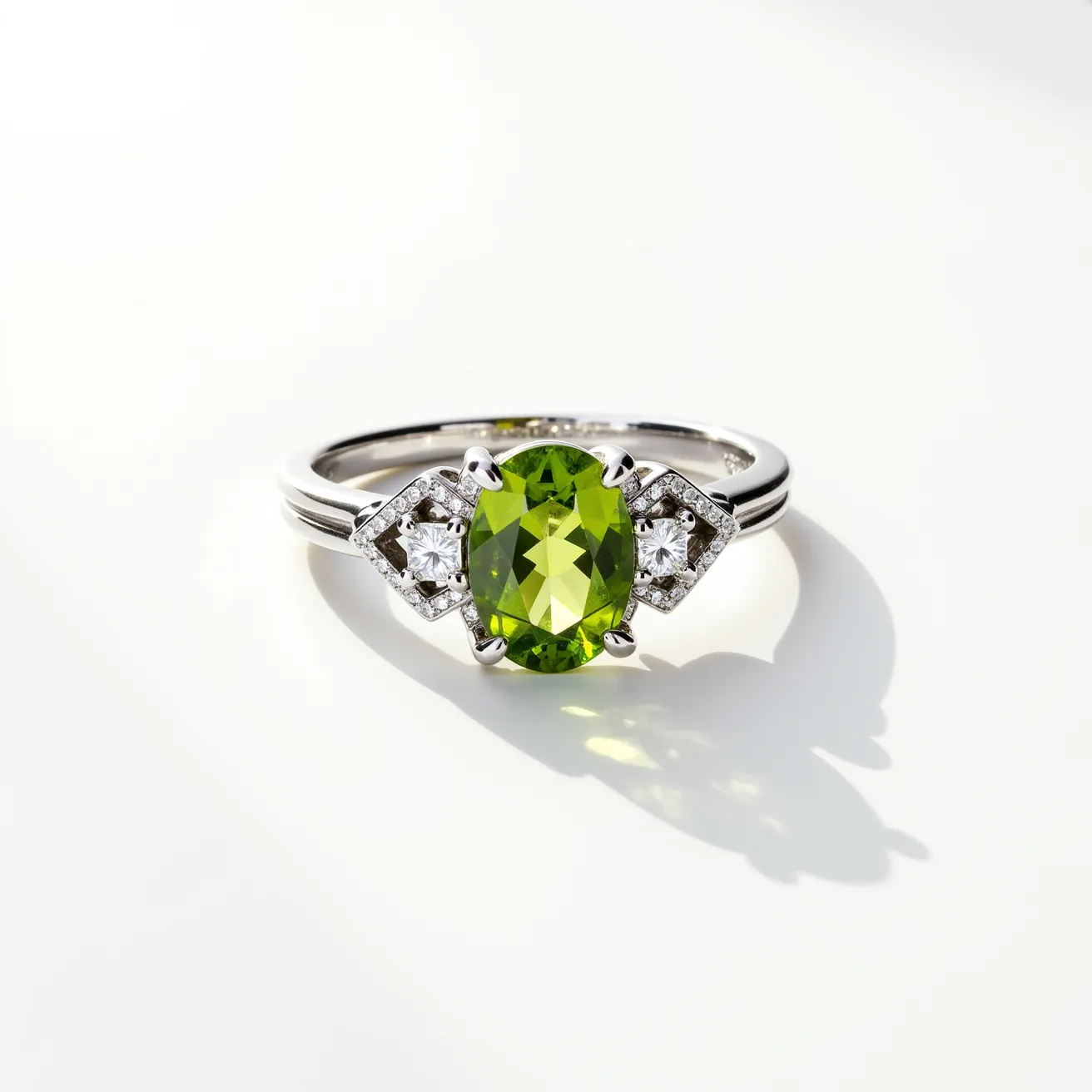 This peridot engagement ring features a striking oval-cut peridot gemstone at its center, exhibiting a vibrant green hue that stands out prominently. The peridot is securely set in a classic four-prong setting that enhances its brilliance. Flanking the central stone are two geometric cluster arrangements of small round white diamonds, providing an elegant contrast and additional sparkle. Crafted from a sleek, polished metal, likely white gold or platinum, the band accentuates the luxurious design and offers durability. The overall arrangement is sophisticated, ensuring both aesthetic appeal and secure attachment of the gems.