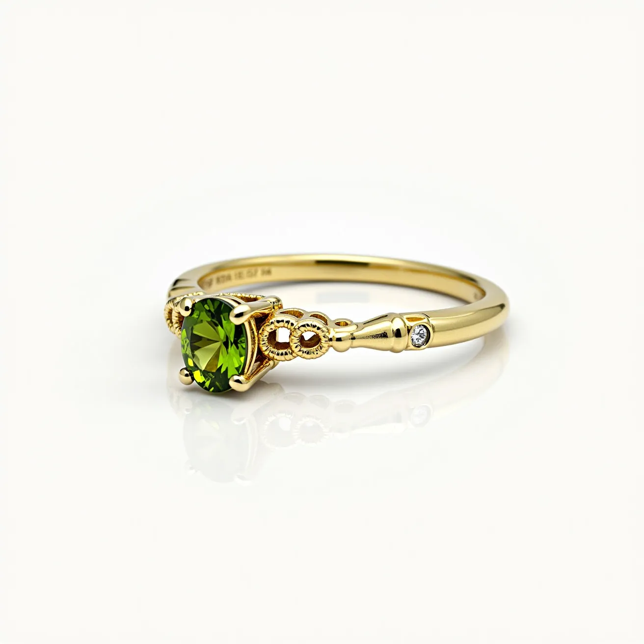 This peridot engagement ring features a beautifully cut, vibrant green peridot stone set in a four-prong setting, highlighting its brilliance. The band is crafted from polished yellow gold, which complements the peridot’s green hue. On the sides of the shank, intricate detailing adds elegance, further accentuated by small round white diamonds set adjacent to the centerpiece. The design seamlessly blends classic elements with a touch of modern sophistication, making it a stunning symbol of commitment and love.