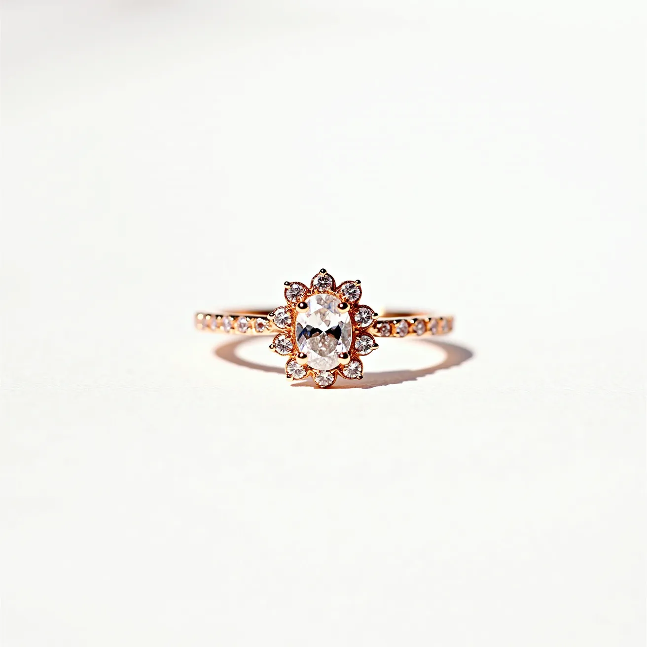 This pink diamond ring features a central oval-cut diamond surrounded by a halo of smaller diamonds in a flower-like setting. The band is crafted from a rose gold material, adding a subtle blush tone that complements the central pink diamond. Additional smaller diamonds are set along the band, enhancing its elegance and sparkle. The overall setting combines classic and floral design elements, with secure prong settings to hold the gemstones in place. The ring does not feature any visible clasps or attachments, emphasizing its simplicity and timeless beauty.