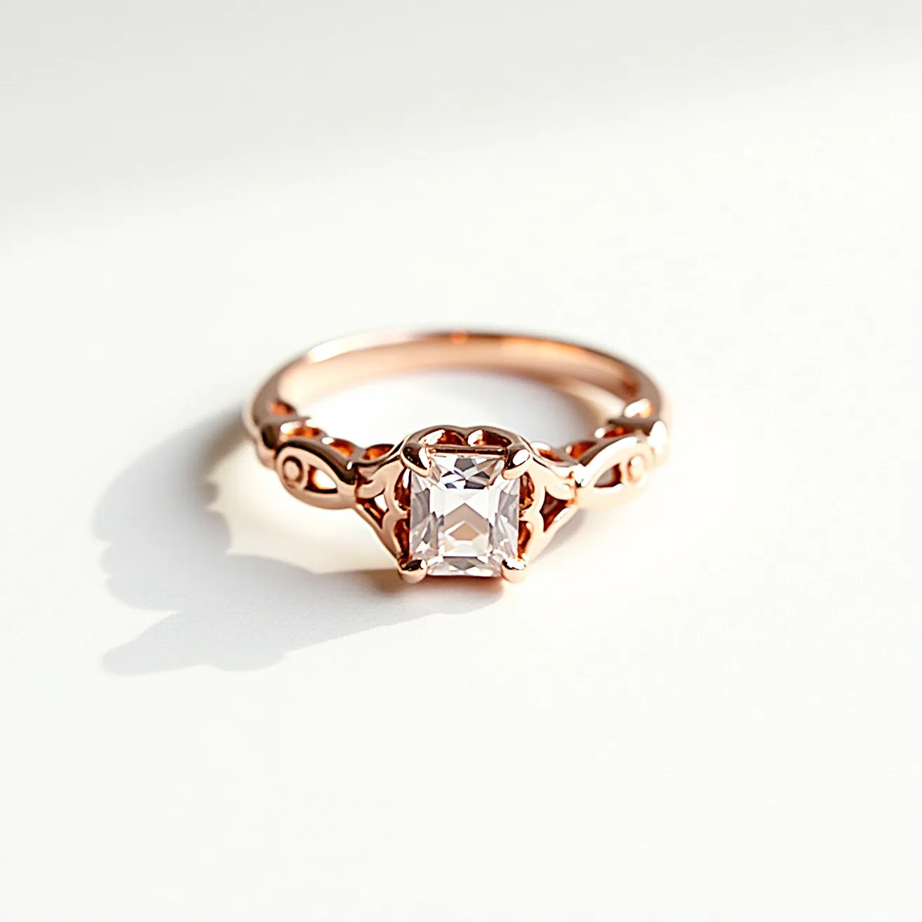 This pink diamond ring features an exquisite square-cut pink diamond set securely in a prong setting. The band is crafted from a warm rose gold, which complements the subtle pink hue of the diamond. The ring's intricate filigree design on the band adds a delicate and romantic touch, enhancing its elegance. The overall craftsmanship showcases a balance of traditional and contemporary styles, making it a standout piece of jewelry.