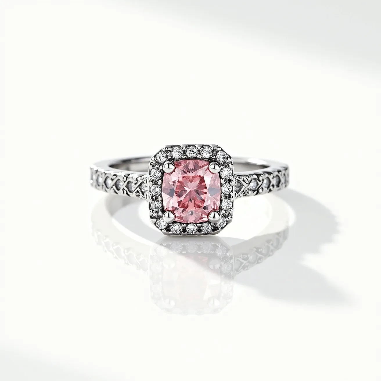 This pink diamond ring features a cushion-cut pink diamond as its centerpiece, which is prominently set with four prongs. Surrounding the pink diamond is a halo of small round white diamonds, enhancing the central gem's brilliance. The band is likely crafted from white gold or platinum, adorned with intricate detailing along its shank, which also includes additional small diamonds, adding to the ring's sparkle. The overall design of the ring highlights the striking pink diamond while complementing it with the elegance of the surrounding white diamonds and metalwork.