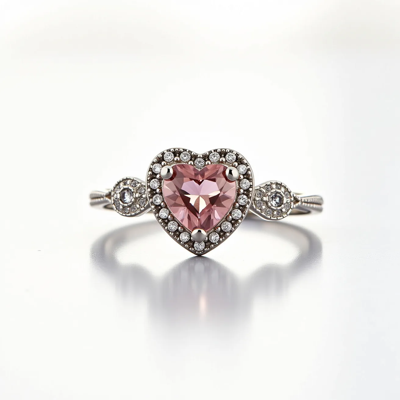 This pink heart ring features a prominent heart-shaped pink gemstone at its center, elegantly set in a prong setting. The gemstone is surrounded by a halo of small, sparkling clear stones, which enhance its brilliance and provide a beautiful contrast. The band of the ring appears to be made of a polished metal, possibly silver or white gold, adding to its sophisticated look. Additionally, the sides of the ring display intricate detailing with more small clear stones set within decorative motifs, contributing to the overall ornate design. The ring's craftsmanship highlights both its delicate aesthetic and luxurious allure.