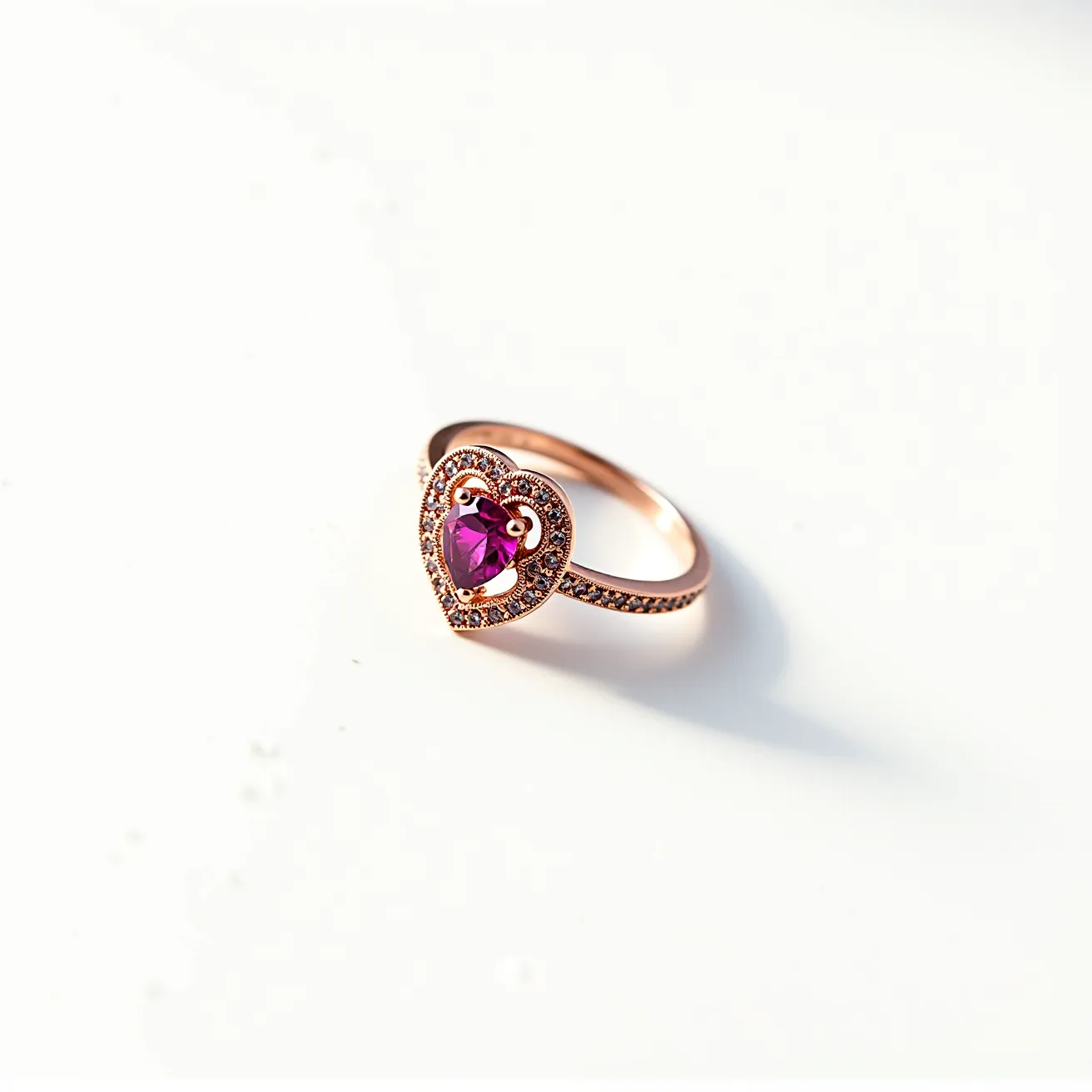 This pink heart ring features a striking heart-shaped pink gemstone as the centerpiece, expertly faceted to catch the light. It is held securely in a prong setting that accentuates its brilliance. Surrounding the central gem is a series of smaller stones, possibly diamonds or cubic zirconia, intricately set within the heart-shaped frame. The ring band appears to be crafted from rose gold, adding a warm, complementary hue to the overall design. The band is adorned with a delicate line of additional stones, enhancing the ring's sparkle. The combination of materials and craftsmanship gives the piece an elegant and timeless appeal.