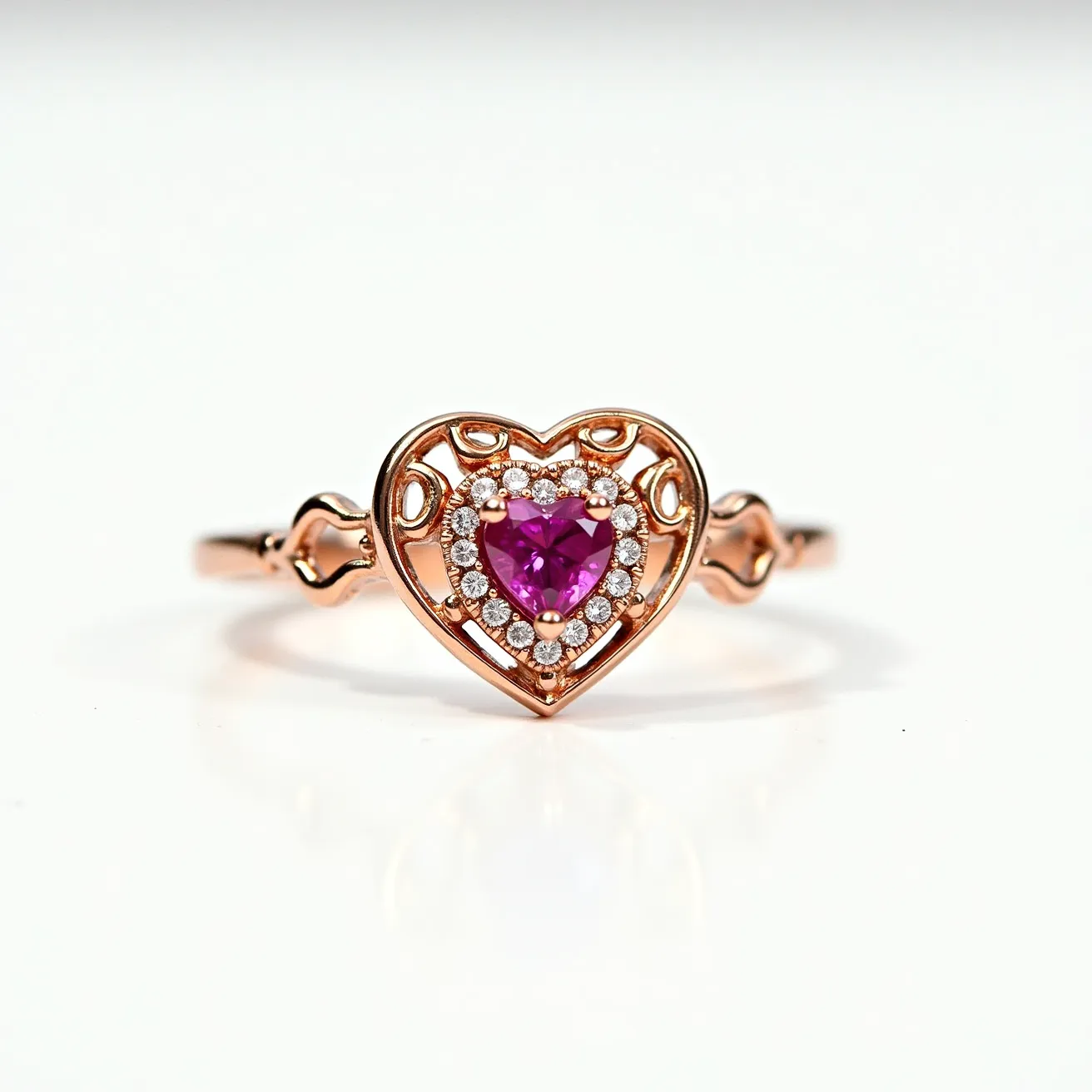 This pink heart ring showcases a striking heart-shaped pink gemstone at its center, which is likely set in a prong setting to secure the stone prominently. The gemstone is encircled by a halo of smaller sparkling clear stones, possibly diamonds or cubic zirconia, adding brilliance and contrast to the centerpiece. The band of the ring is crafted from a metal that appears to be rose gold, exhibiting delicate openwork craftsmanship that adds a romantic and intricate design to the piece. The overall design combines elegance and charm, with the heart motif emphasized by the coordinating stones and warm metal tone.