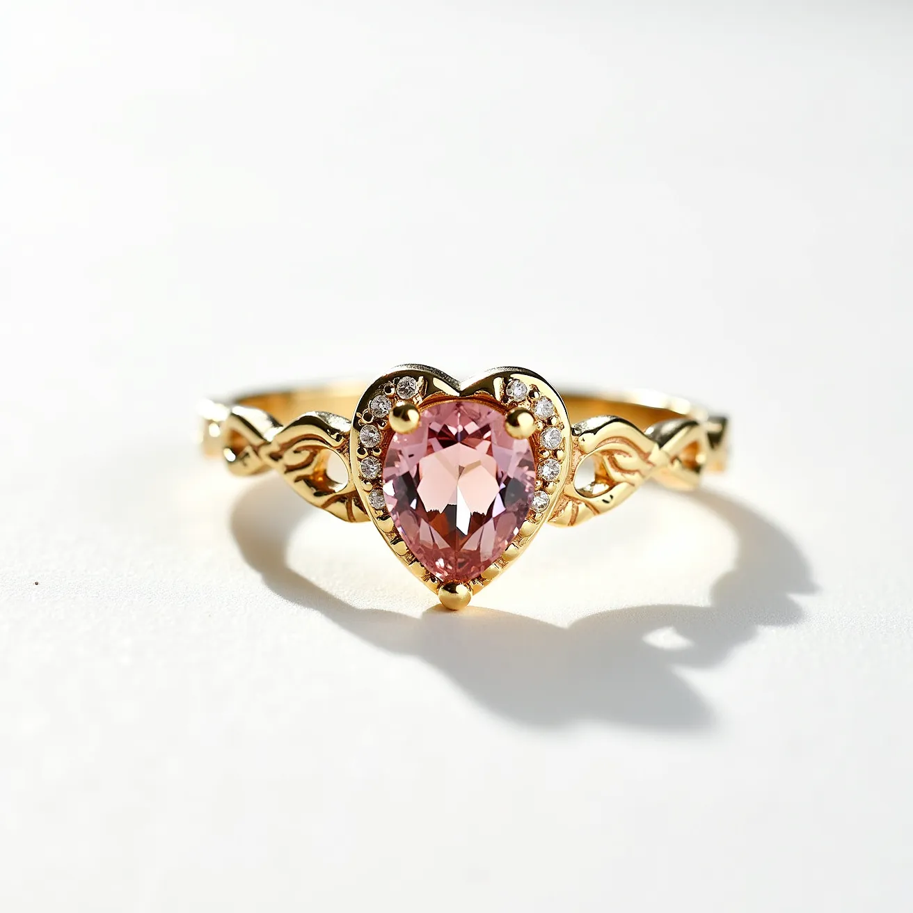 This pink heart ring features a prominent heart-shaped pink gemstone, possibly a pink sapphire or morganite, positioned at its center. The gemstone is set in a prong setting, allowing it to be the focal point of the design. Delicate small round accent stones, likely diamonds or cubic zirconia, are arranged around the heart, providing additional sparkle to the piece. The band is crafted from gold and displays an intricate design that enhances its elegance. The combination of the pink gem with the golden band creates a harmonious and romantic aesthetic.