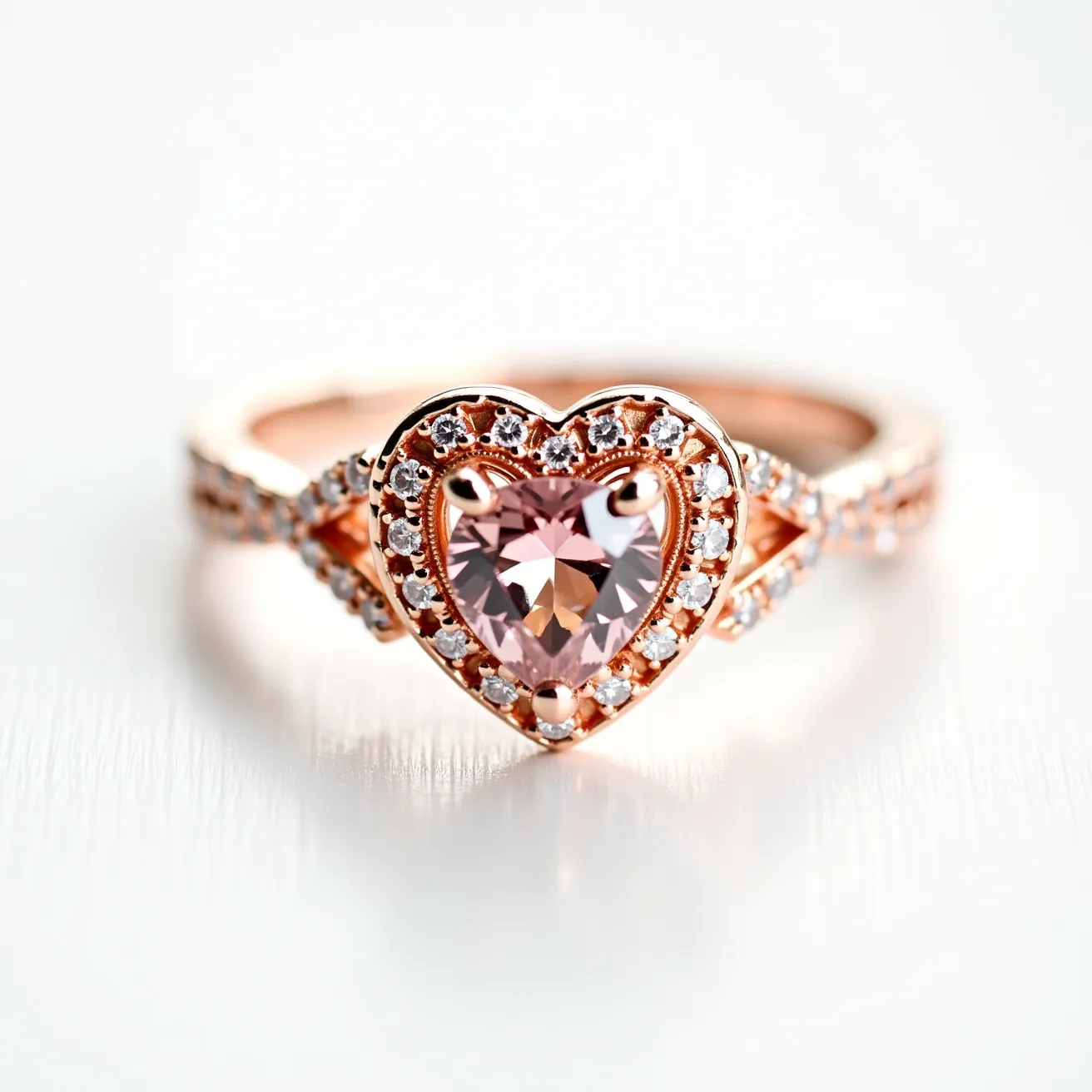 This pink heart ring features a prominent heart-shaped pink gemstone, likely a pink sapphire or pink diamond, cut with precision to enhance its brilliance and set securely in a prong setting. The gem is framed by a halo of small, round, white stones, which could be diamonds or cubic zirconia, adding a sparkling contrast. The band is crafted from a rose gold metal, which complements the pink stone, and is intricately designed with additional small white stones inlaid along its surface. The ring combines elegance with a romantic motif, making it a striking and eye-catching piece.