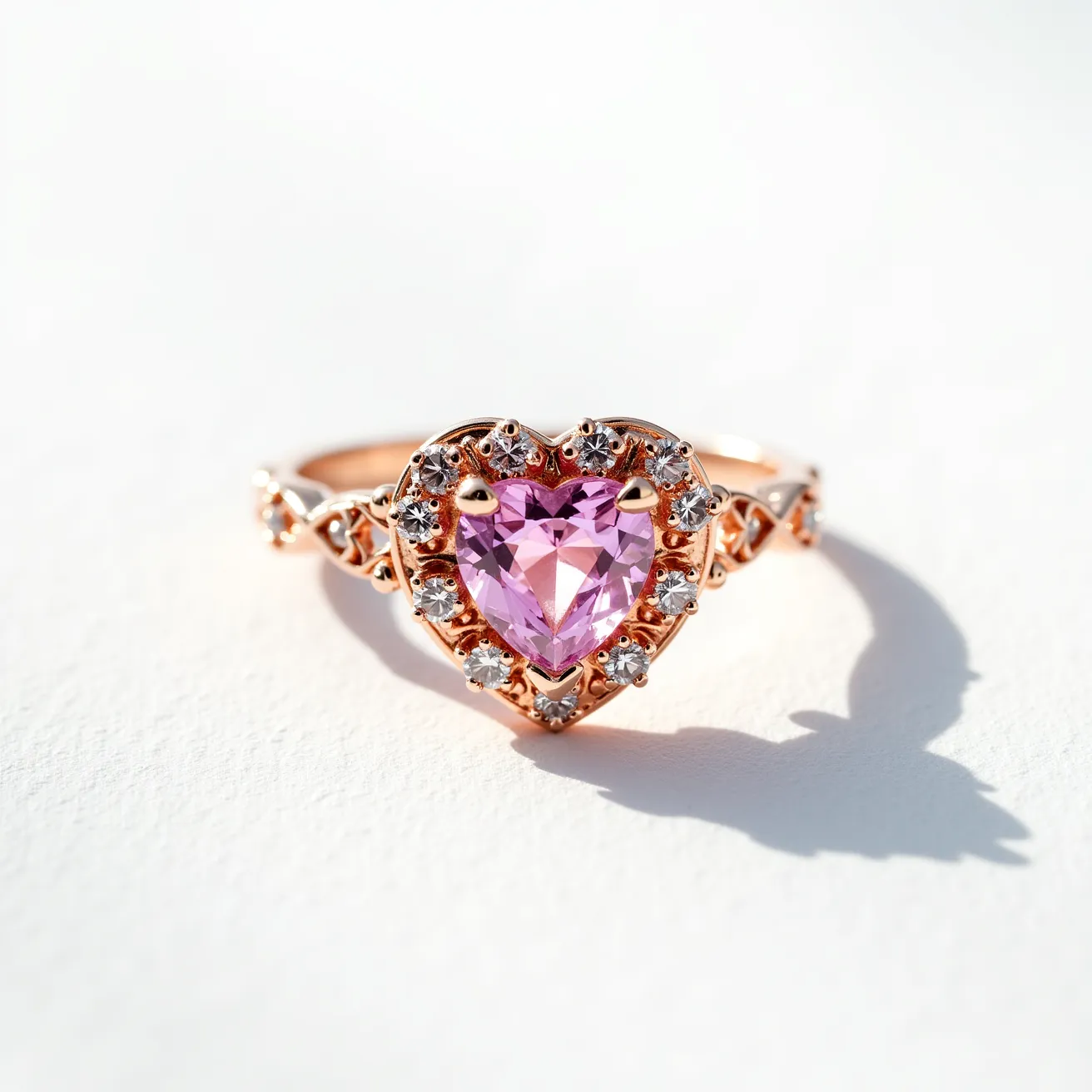 This pink heart ring features a central heart-shaped pink gemstone, which appears to be the focal point of the design. The stone is expertly cut to enhance its brilliance and is securely held in place by prong settings. Surrounding the main gemstone are smaller, round white stones, likely diamonds or cubic zirconia, set in a halo design that adds elegance and sparkle to the piece. The band of the ring is crafted from a rose gold metal, which complements the pink hue of the central gemstone. The intricate design on the band includes additional detailing that emphasizes its delicate and ornate appearance.