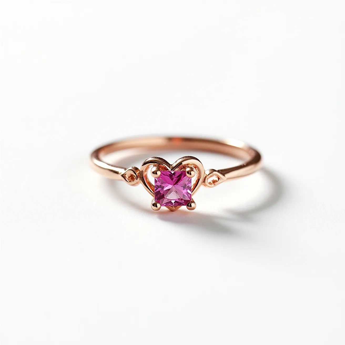 This pink heart ring features a delicate rose gold band, accentuating a vibrant pink heart-shaped gemstone as its focal point. The gemstone is intricately cut and securely set within a prong setting, allowing for maximum light reflection and highlighting its brilliant color. The band is elegantly slender, enhancing the prominence of the heart gemstone. Small decorative elements are present on either side of the heart, harmonizing with the overall design. The craftsmanship of the ring implies a combination of elegance and charm, making it a striking piece of jewelry.