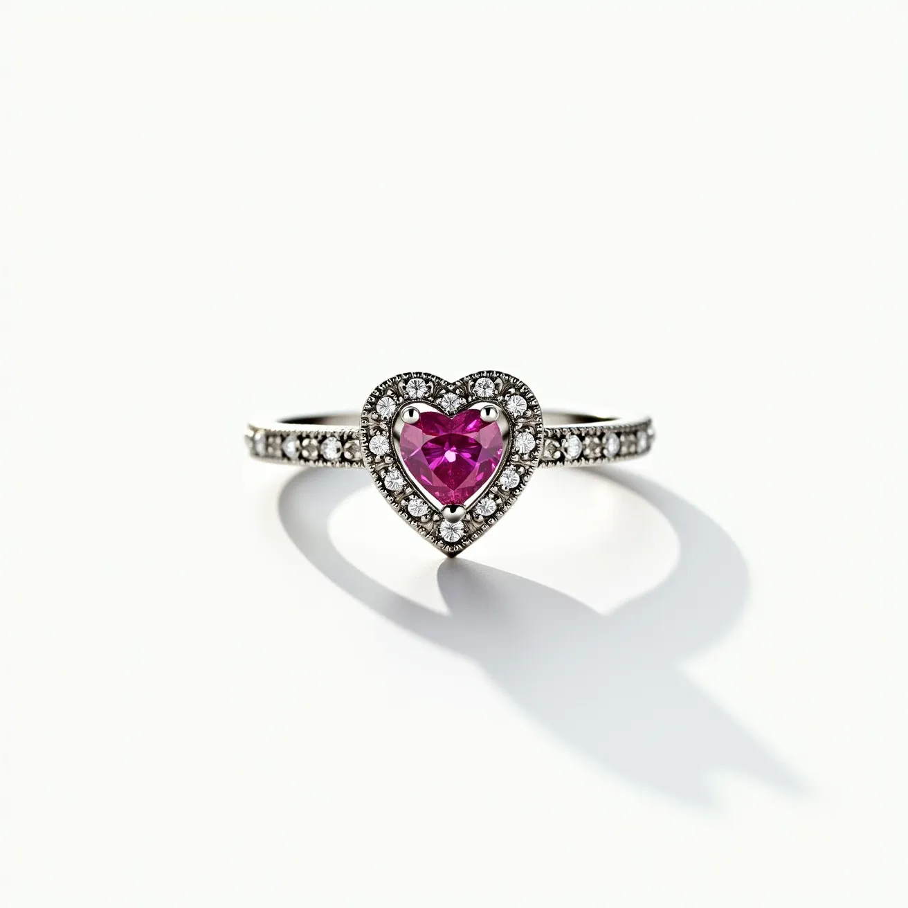 This pink heart ring features a central heart-shaped pink gemstone set in a metal band. The gemstone is cut to enhance its brilliance and is surrounded by a halo of smaller clear stones, likely diamonds or cubic zirconia, enhancing its elegance. The surrounding stones are set in a pave style, forming a shimmering border that continues along the shoulders of the band. The band appears to be made of a silvery metal, possibly white gold or platinum, which complements the overall design. The classic setting highlights the central heart gemstone, making it the focal point of this delicate piece.