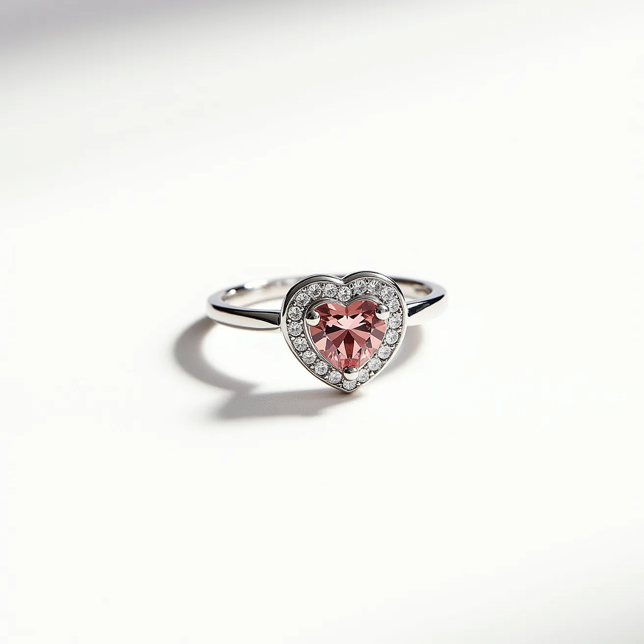 This pink heart ring features a central, heart-shaped pink gemstone, likely a pink sapphire or a similar stone, expertly cut to maximize its brilliance. Surrounding the central stone is a halo of smaller round white stones, possibly diamonds, set in a pave setting that enhances the ring's elegance. The band appears to be made of a shiny metal, possibly white gold or platinum, providing a sleek and lustrous backdrop for the gemstones. The heart-shaped stone is secured with prongs, ensuring stability and adding a classic touch to the design. This eye-catching ring combines romantic charm with a sophisticated finish, making it a standout piece.