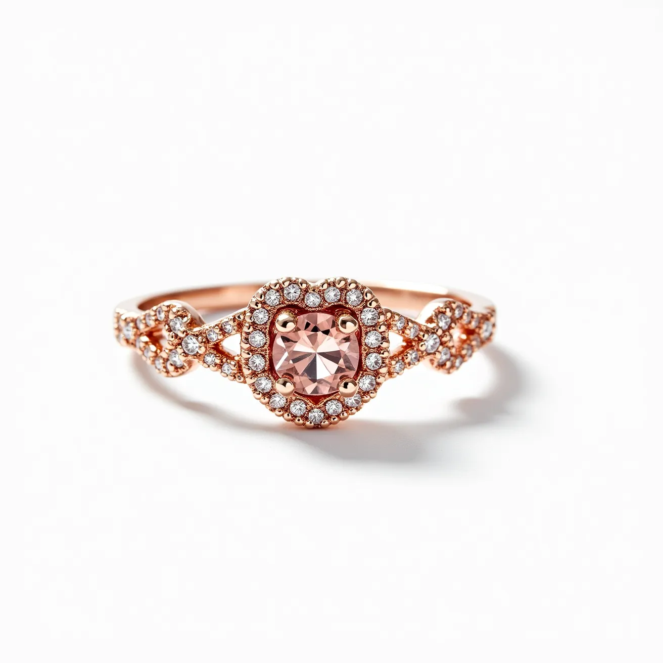 This pink heart ring features a beautifully crafted pink gemstone at its center, fashioned in a round cut and prominently showcased in a prong setting. Surrounding the central gem, a delicate halo of smaller clear stones enhances the ring's brilliance and elegance. The band is intricately designed in a rose gold hue, adding an extra layer of sophistication and warmth. This piece combines both romance and refinement, making it a captivating accessory.