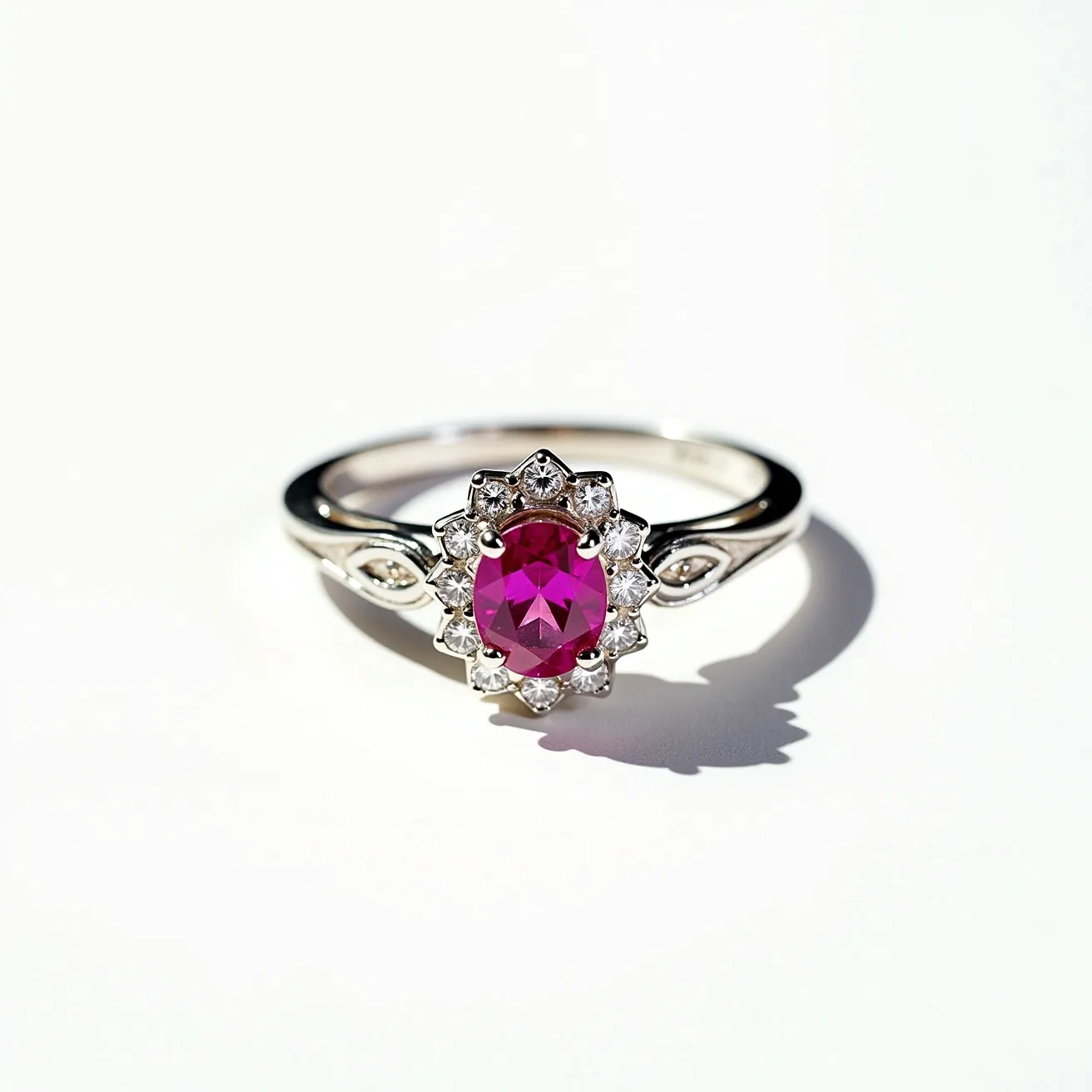 This pink sapphire ring features a vibrant, oval-cut pink sapphire as the centerpiece, encircled by a halo of small, round-cut diamonds in a floral-inspired setting. The band appears to be made of polished white gold or platinum, and it elegantly complements the central gems. Delicate marquise-shaped designs are integrated into the band on either side of the sapphire, adding an additional touch of elegance. The prong setting securely holds the stones while enhancing their brilliance, making this ring a stunning example of fine jewelry craftsmanship.