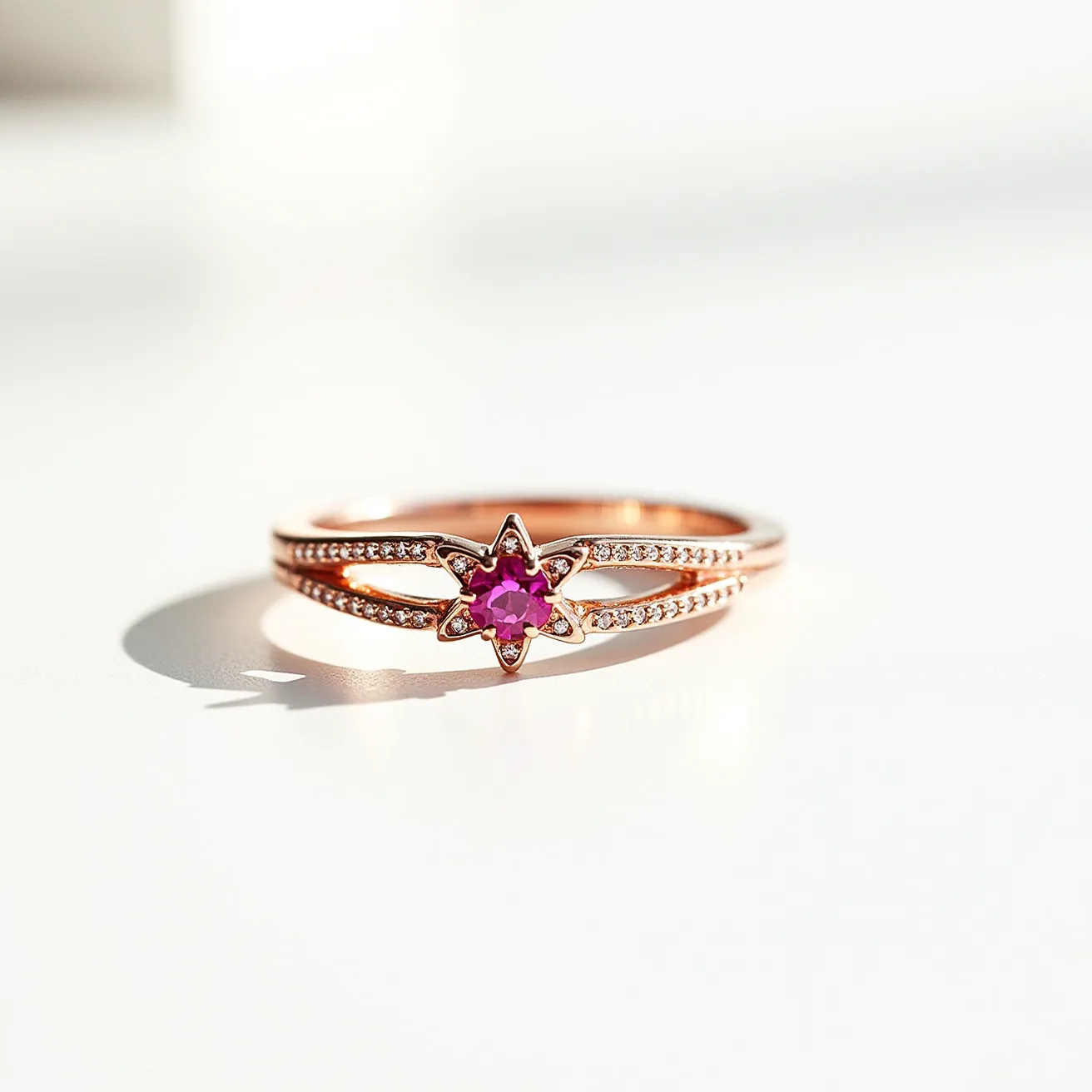 This pink sapphire ring features a vibrant, round-cut pink sapphire set prominently in the center. The sapphire is held in place by a floral-inspired setting, adding an elegant touch to the design. The band is crafted from rose gold, which complements the pink hue of the sapphire. The band is split and adorned with small, sparkling white diamonds, enhancing the ring's overall brilliance and sophistication. This exquisite combination of materials and design elements makes the ring a striking and elegant piece of jewelry.