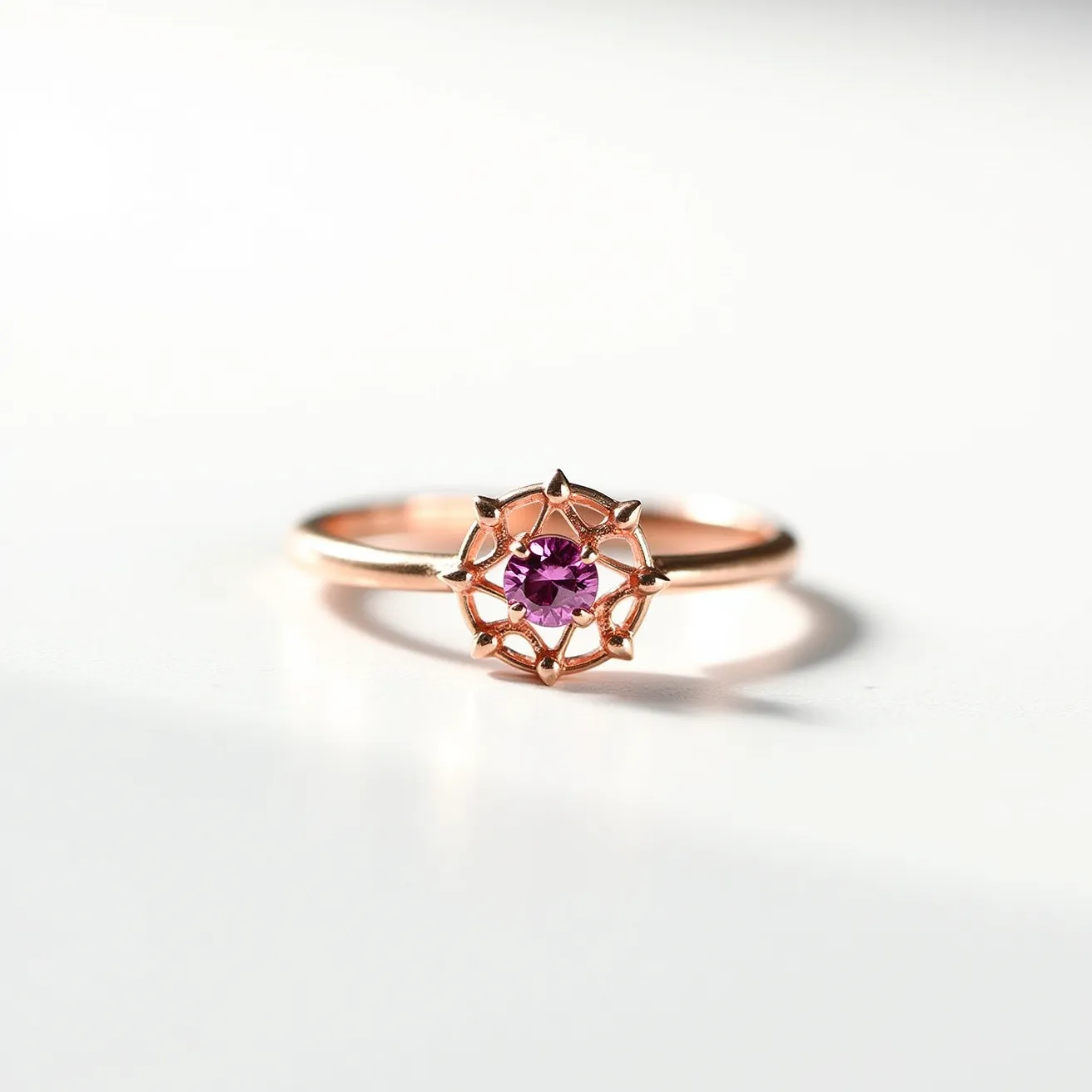 This pink sapphire ring features a delicate, round-cut pink sapphire set at the center, highlighted by a floral-inspired rose gold setting. The intricate design is characterized by petal-like details surrounding the gemstone, creating a harmonious and elegant motif. The band is slender and crafted from rose gold, complementing the pink hue of the sapphire and enhancing its vivid color. The ring employs a secure prong setting to hold the sapphire in place, ensuring both safety and style.