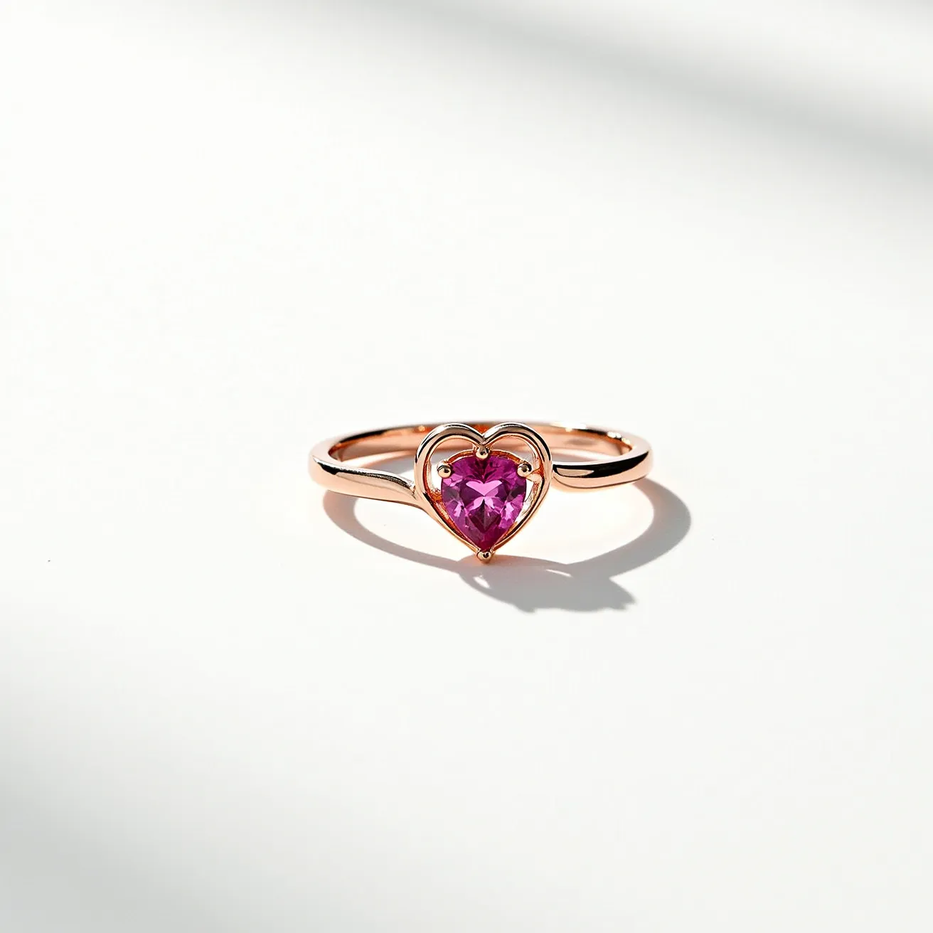 This pink sapphire ring features a vibrant heart-shaped pink sapphire gemstone set at its center. The gemstone is elegantly secured within a rose gold setting that enhances its rich hue. The ring's band is also crafted from rose gold, complementing the gemstone with its warm, lustrous finish. The design is sleek and simple, allowing the sapphire to stand out as the focal point. The attachment of the gemstone to the band is accomplished with prongs that securely hold the sapphire in place, ensuring both style and stability.