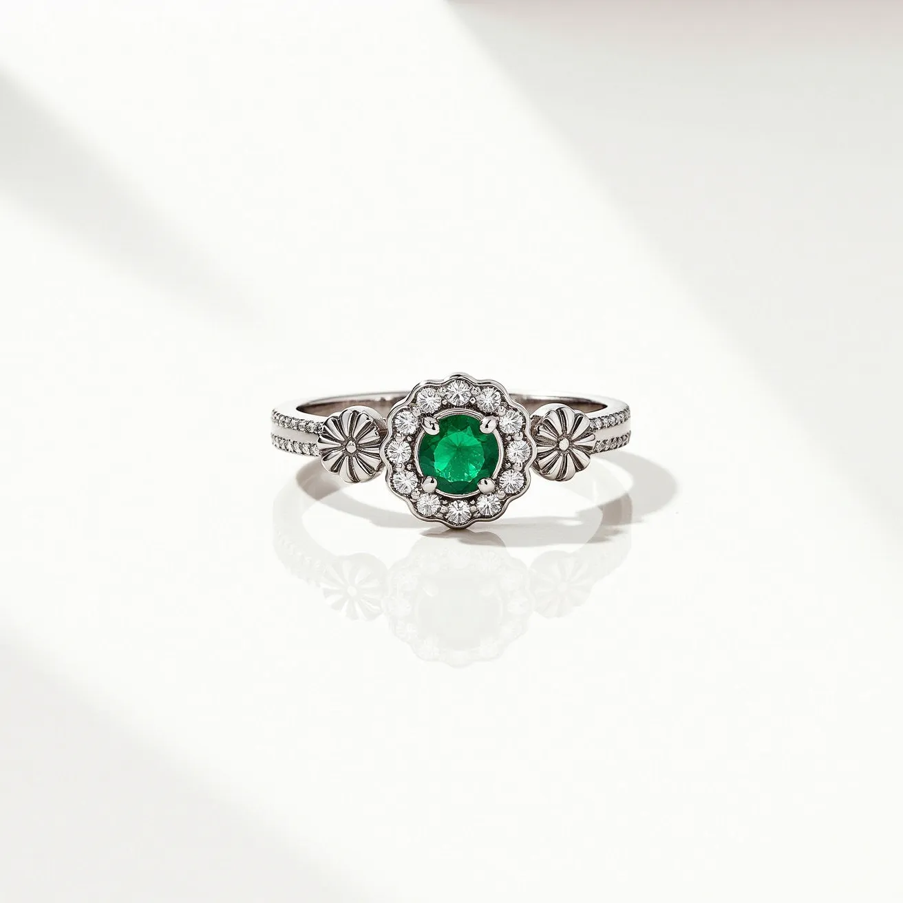 This pinky ring features a central green gemstone, possibly an emerald, with a round cut, providing a vibrant focal point. The stone is set in a secure prong setting, surrounded by a halo of smaller white diamonds, enhancing its elegance. The band is made of a silver-toned material, intricately designed with small floral or star-like motifs on either side of the center setting, adding a touch of uniqueness. The band itself appears to be smooth and polished, with a series of small diamonds or decorative elements extending partially along the sides, leading to a cohesive and decorative ring design.