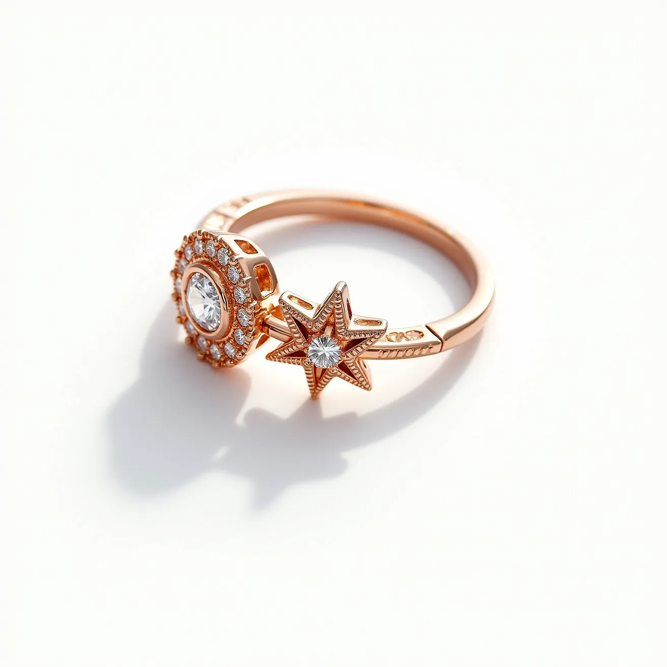 This pinky ring features a rose gold band adorned with intricate detailing. It showcases two prominent elements: a circular design embellished with small round-cut diamonds encircling a larger central diamond, and a star motif set with a similar central gemstone. The circular adornment is surrounded by a halo of smaller diamonds in a secure prong setting, complementing the brilliance of the central stones. The star design is crafted delicately to mimic a celestial shape, adding a unique flair. The rose gold metal provides a warm backdrop that enhances the sparkle of the diamonds, creating an elegant and distinctive piece.