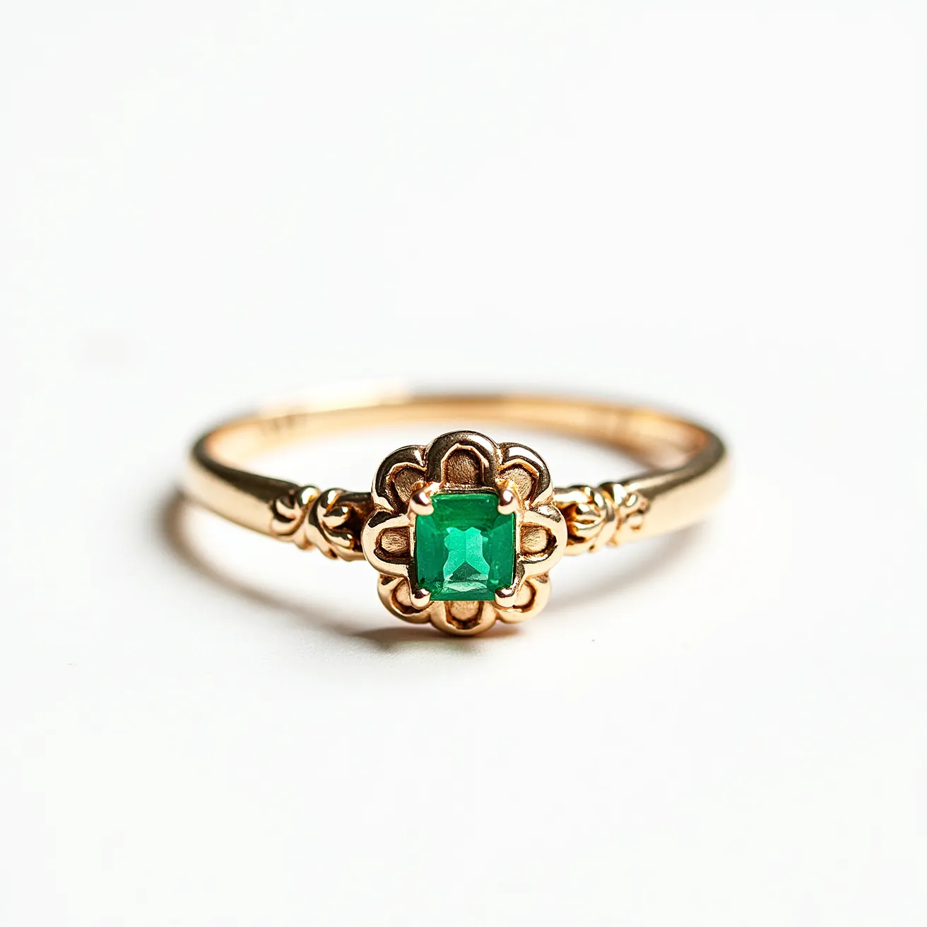 This pinky ring features a delicate gold band adorned with intricate floral detailing. At its center, a vibrant, square-cut green stone, likely an emerald, is elegantly set in a bezel or prong setting, enhancing its striking appearance. The floral design encircling the stone adds a touch of vintage charm, and the overall craftsmanship suggests a harmonious blend of classic and ornate styles. The band does not appear to have any additional attachments or clasps, contributing to its sleek and continuous form.