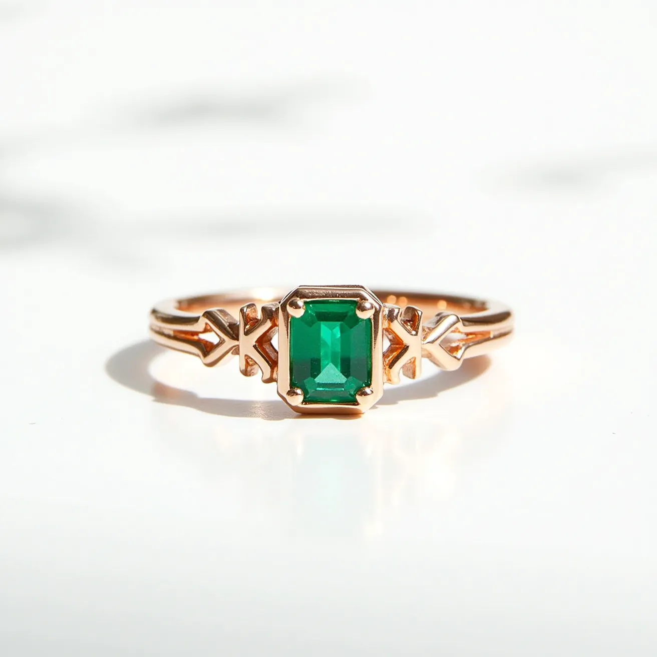 This prasiolite ring features a striking rectangular emerald-cut stone, set prominently in the center. The setting is crafted from what appears to be a warm-toned metal, possibly rose gold, which complements the green hue of the prasiolite. The band displays intricate design elements on either side of the stone, adding a touch of elegance and uniqueness to the overall piece. The eight-prong setting securely holds the gemstone, ensuring durability while accentuating its facets and clarity.