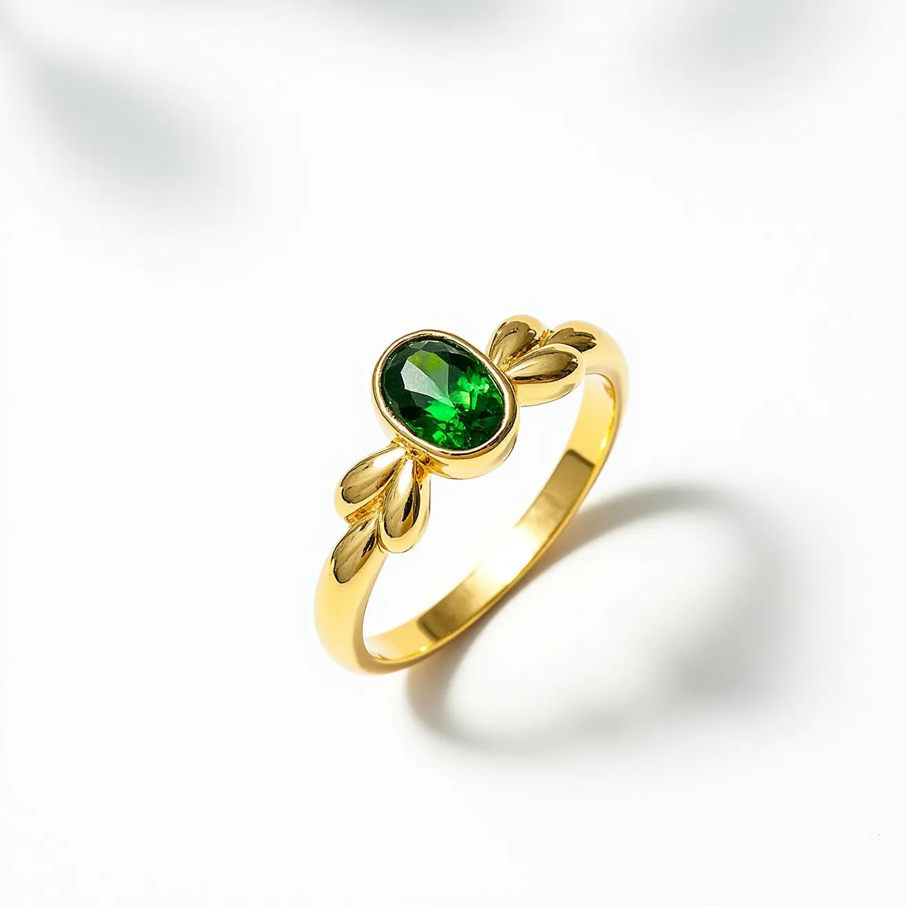 This prasiolite ring features a vibrant green oval-cut gemstone set in a sleek bezel setting, which secures the stone elegantly. The band is crafted from polished metal, likely gold, given its rich, lustrous hue. Enhancements on either side of the stone add a decorative touch, complementing the central gem's brilliance and enhancing the overall design's elegance.