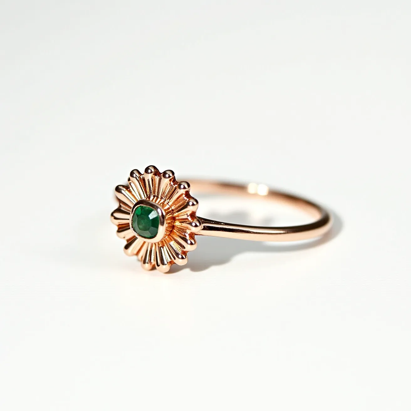 This prasiolite ring features a central green stone set in a round-cut style, embraced by a decorative floral-like gold setting that enhances the gemstone's natural beauty. The band appears to be crafted from a polished gold material, complementing the warm tones of the setting. The stone is securely held within a bezel setting, which provides a modern and sleek look without any additional prongs. The design emphasizes both elegance and simplicity, making it a versatile piece suitable for various occasions.