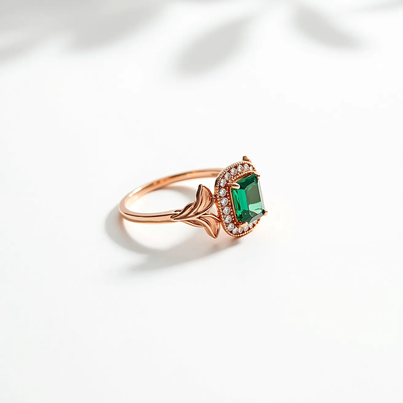 This prasiolite ring features a vibrant green, emerald-cut stone set at its center, surrounded by a border of small white gemstones, likely diamonds, that enhance its brilliance. The band appears to be crafted from a rose gold material, adding a warm and elegant contrast to the green stone. Notably, the shoulders of the ring are adorned with a leaf design, adding an artistic and nature-inspired touch to the overall design. The setting is a classic prong setting, ensuring the prasiolite is securely held in place, making the ring both stylish and secure.