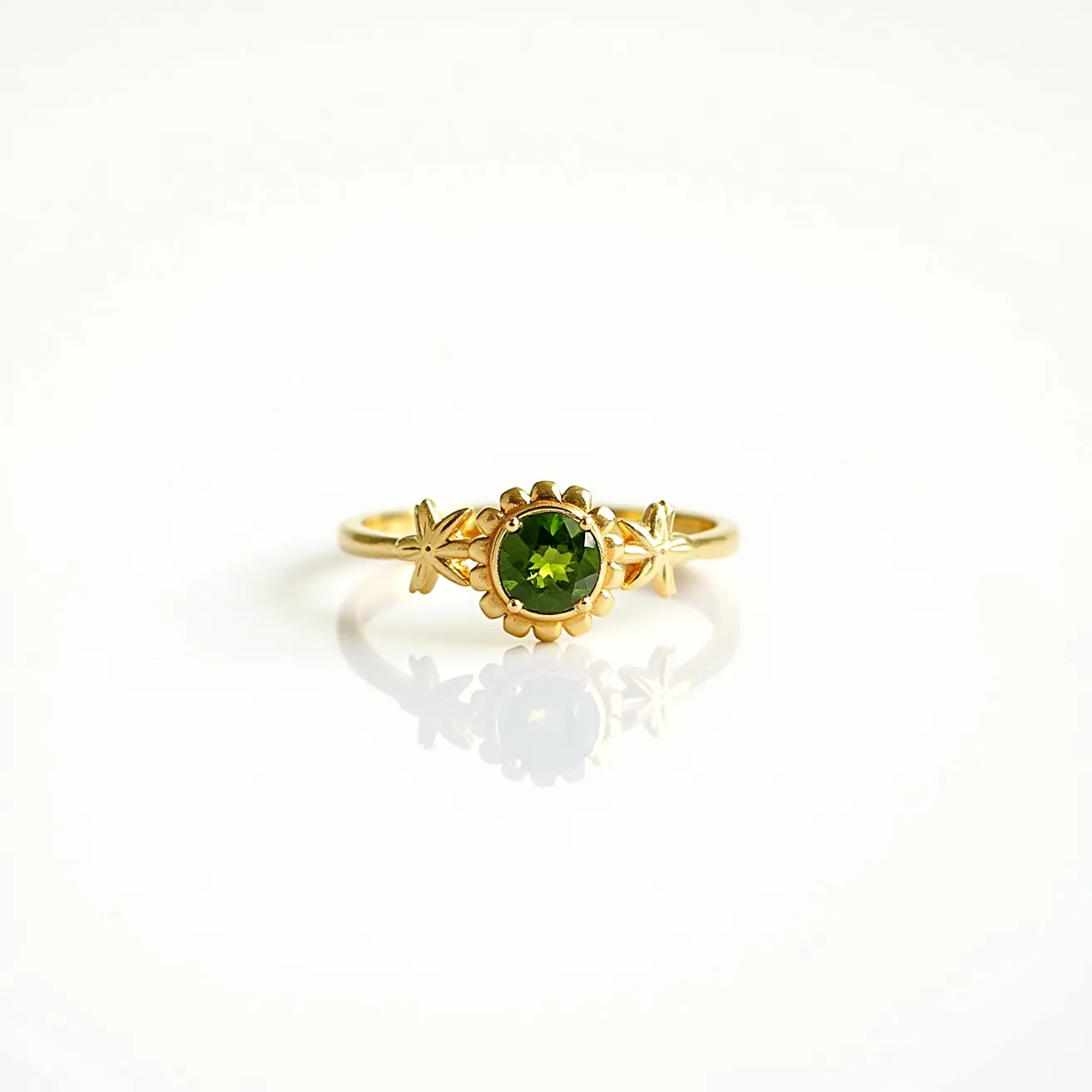 This prasiolite ring features a striking green gemstone, cut in a round shape, securely set in a bezel setting. The gemstone is accented by a floral design surrounding it, crafted in a vibrant gold metal. The band, also made of gold, is adorned with delicate star-shaped embellishments on either side of the central stone, adding an element of whimsical elegance to the overall design. The use of prasiolite, a variant of green quartz, paired with the gold setting, creates a harmonious and visually appealing piece of jewelry.