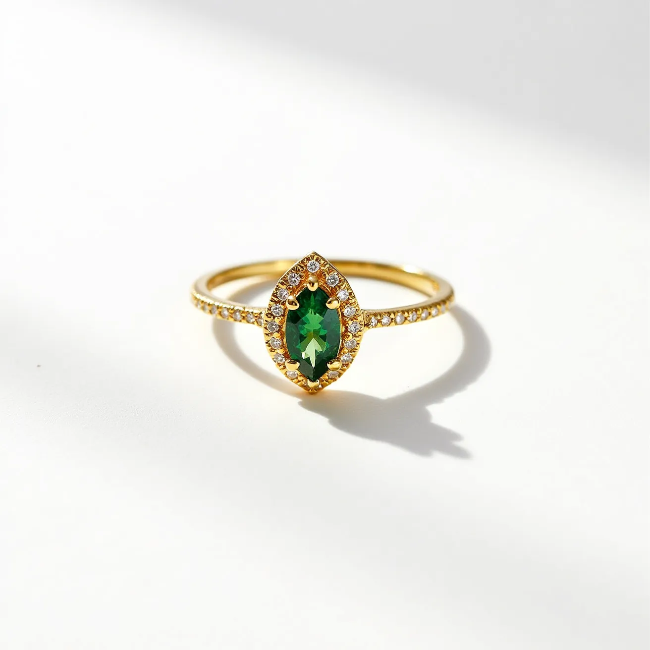 This prasiolite ring features a prominent marquise-cut green prasiolite gemstone at its center, elegantly set within a gold band. The prasiolite is encircled by a halo of small, round-cut diamonds, enhancing its vibrant hue. The band itself is crafted from gold and is further embellished with a series of small diamonds, adding a continuous sparkle and a touch of luxury. The stones are securely set, allowing the prasiolite to remain the focal point within this sophisticated and stylish design.