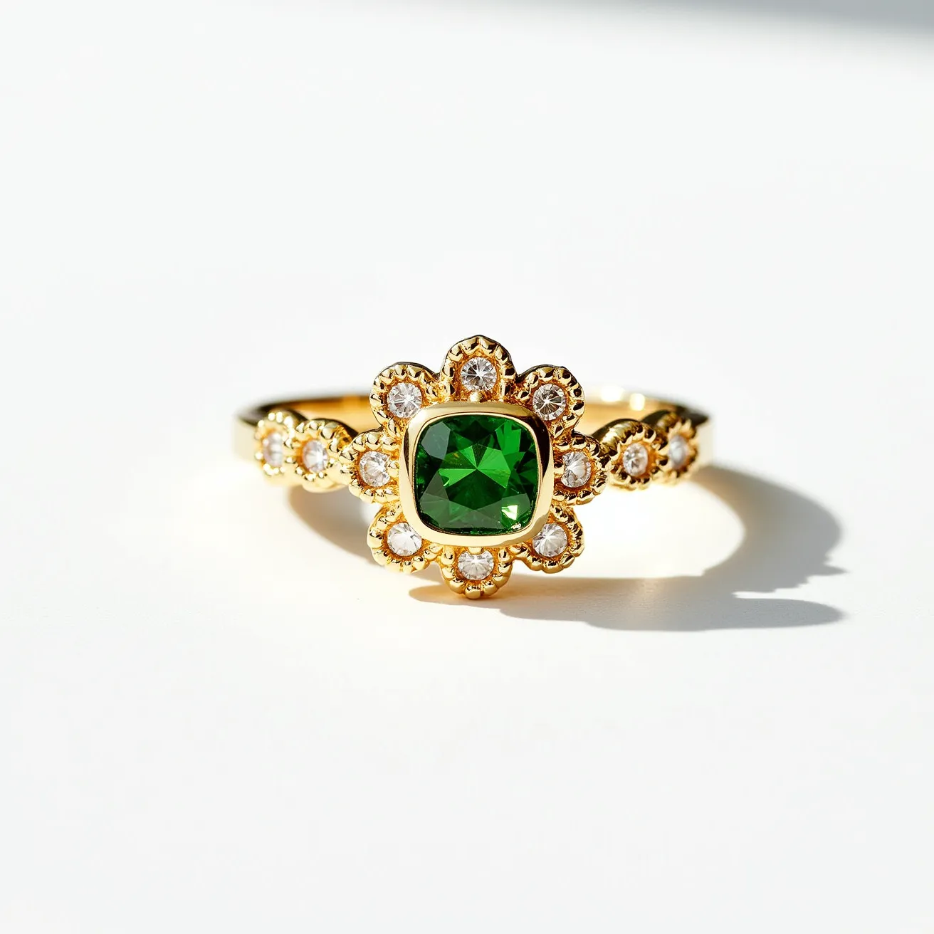 This prasiolite ring features a vibrant green gemstone set at its center, which appears to be prasiolite with a cushion cut that enhances its sparkle. Surrounding the central stone is a halo of small, round, colorless gems, likely diamonds, intricately arranged in a floral pattern. The band is crafted from a polished yellow metal, probably gold, complementing the centerpiece with additional diamond accents set along its shoulders. The design showcases a luxurious and elegant style, with the gemstone firmly held in place by a solid bezel setting that blends seamlessly with the overall ornate detailing of the ring.