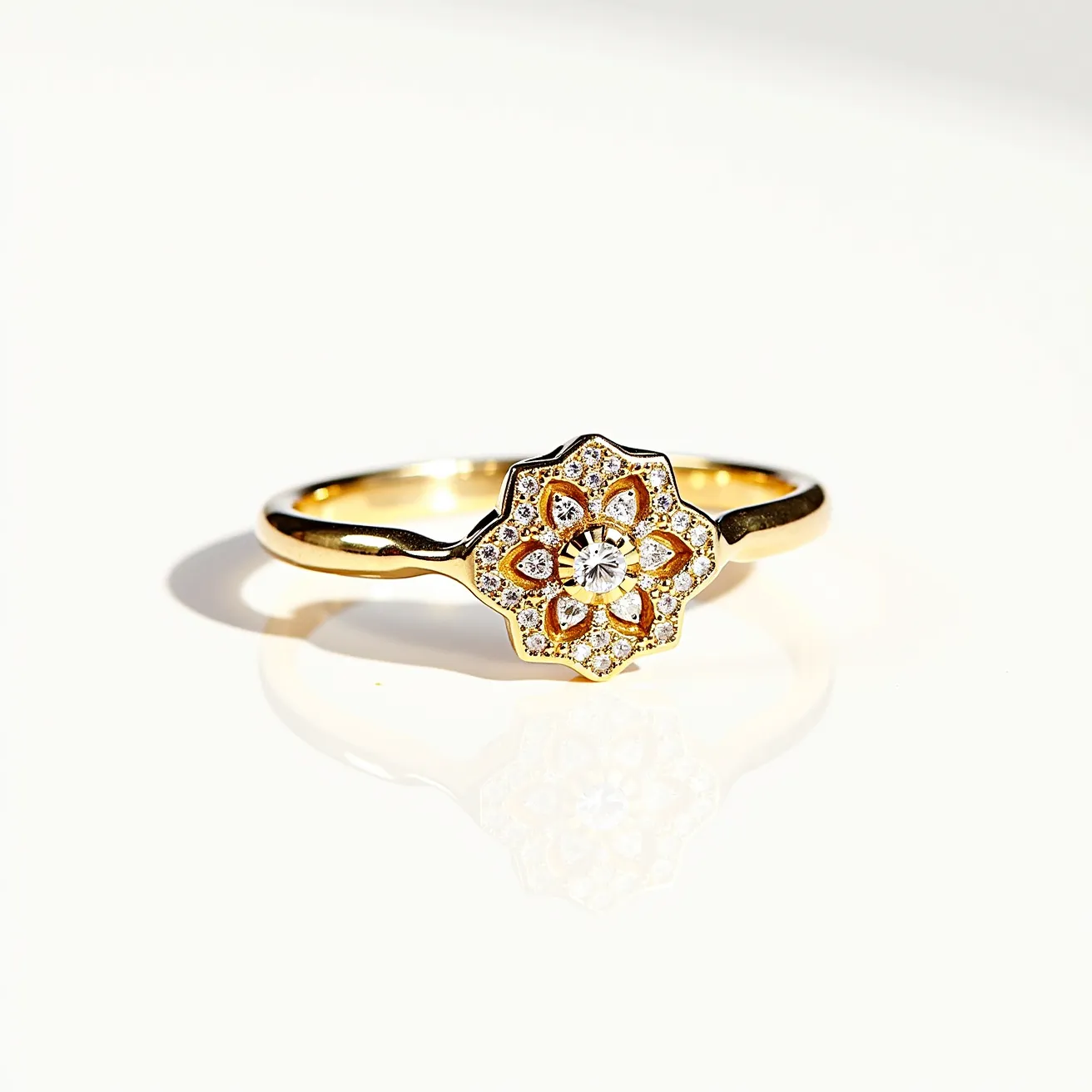 This promise ring features a delicate gold band that complements its central floral design. The centerpiece is crafted with a series of sparkling white gemstones, likely diamonds or cubic zirconia, arranged in an intricate flower-like pattern. At the center, there is a round-cut gem set in a prong setting, enhancing its brilliance and focus. Surrounding this is a petal-like motif, each inset with small, similarly sparkling stones, creating a harmonious and glittering effect. The combination of finely placed stones and artful design underscores the ring's elegance and commitment symbolism.