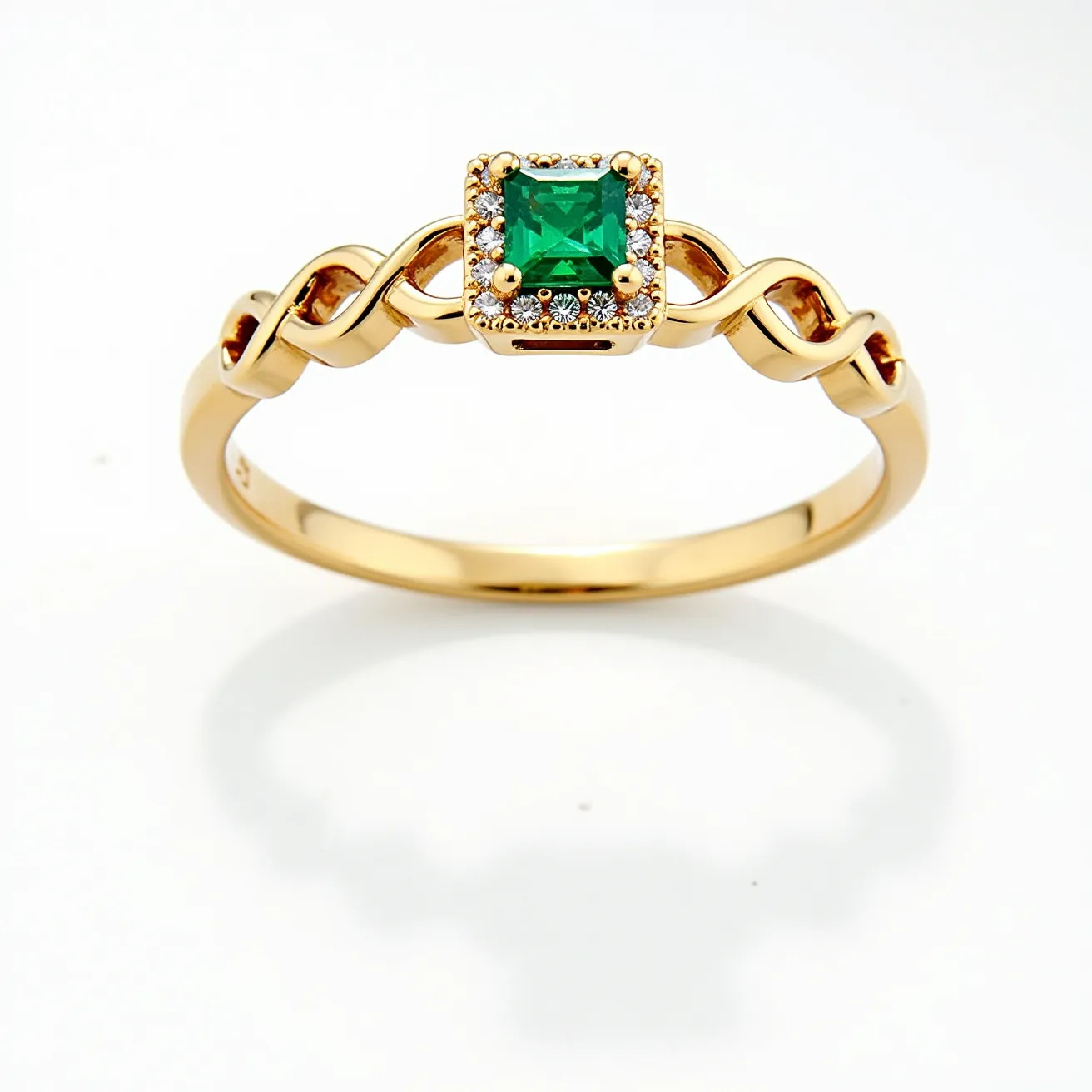 This promise ring is crafted from a warm gold metal, featuring a delicate twisted band design. At its center, a striking square-cut green gemstone is securely set, adding a vibrant touch. The centerpiece is encircled by a halo of small, sparkling stones, enhancing its elegance and drawing attention to the vivid center gem. This combination of elements gives the ring a classic yet unique charm, suitable for expressing a meaningful commitment.