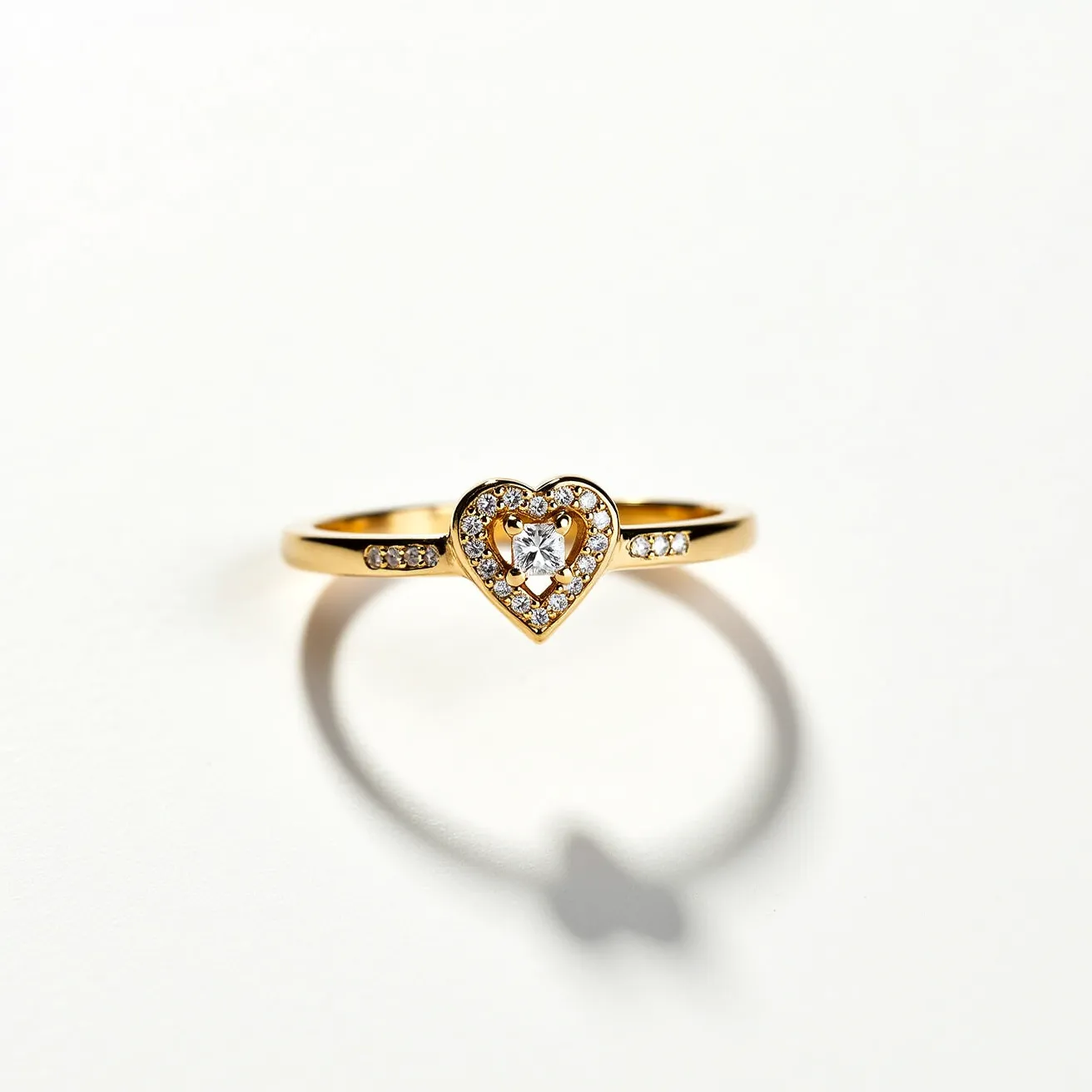 This promise ring features a delicate gold band adorned with a prominent heart-shaped centerpiece. The centerpiece showcases a centrally placed, round-cut gem set within a heart-shaped frame. Surrounding this central stone are smaller, intricately set gems that enhance the heart design. The band itself is paved with a series of smaller gems, adding an additional layer of sparkle to the overall design. The gold setting provides a warm and classic backdrop, complementing the brilliance of the stones and enhancing their visibility.