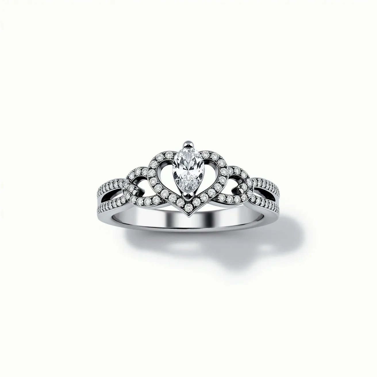 This promise ring features a striking design crafted from polished silver, forming a delicate band. At its center is a heart-shaped motif adorned with an array of small, round-cut stones, likely diamonds or cubic zirconia, that add a touch of sparkle. The central gem is an oval-shaped stone, prominently set in a secure prong setting, which catches the light beautifully. The intricate design suggests an intertwining pattern, giving the ring a romantic and elegant aesthetic. The overall appearance is both classic and sophisticated, making it a timeless symbol of commitment.