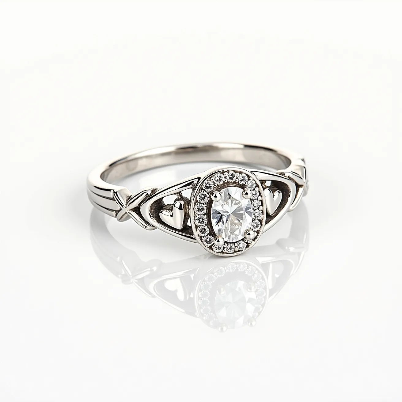 This promise ring is crafted from a polished silver metal, featuring a central oval-cut gem set in a bezel surrounded by smaller round-cut stones in a halo arrangement. The band showcases intricate heart-shaped designs on each side of the central setting, enhancing its romantic appeal. These elements are seamlessly integrated into the band, which is marked by gentle curves and a slightly raised setting to accentuate the gems. The overall design reflects elegance and commitment, making it a fitting symbol of a promise.