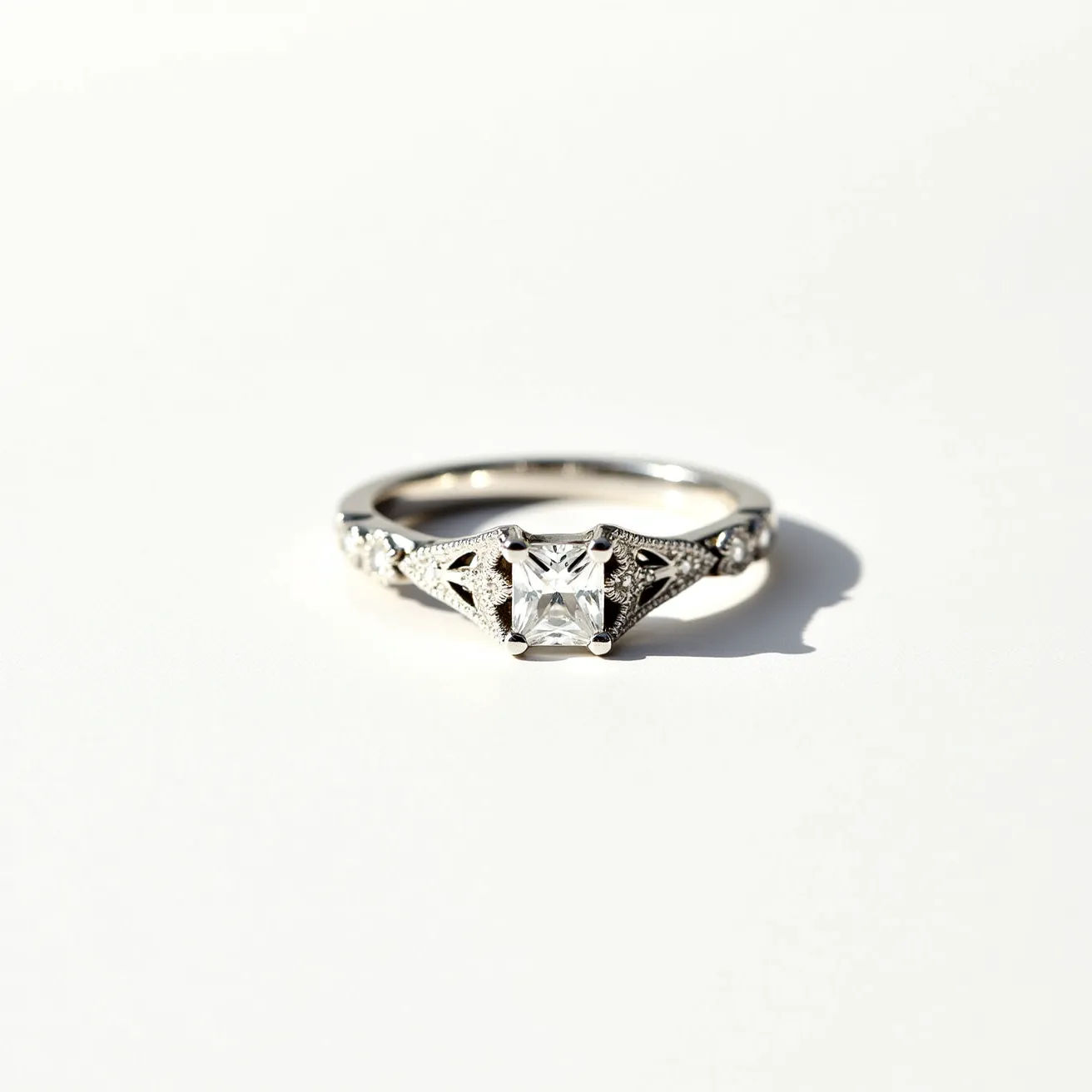 This promise ring features a metallic band, likely made of white gold or platinum, showcasing a square-cut gemstone, possibly a diamond, as its focal point. The central stone is set in a four-prong setting, enhancing its brilliance and stability. Flanking the main stone are intricate details with additional smaller gems set into the band, adding elegance and sparkle to the design. The ring does not include a clasp or attachment, emphasizing its simplicity and beauty.