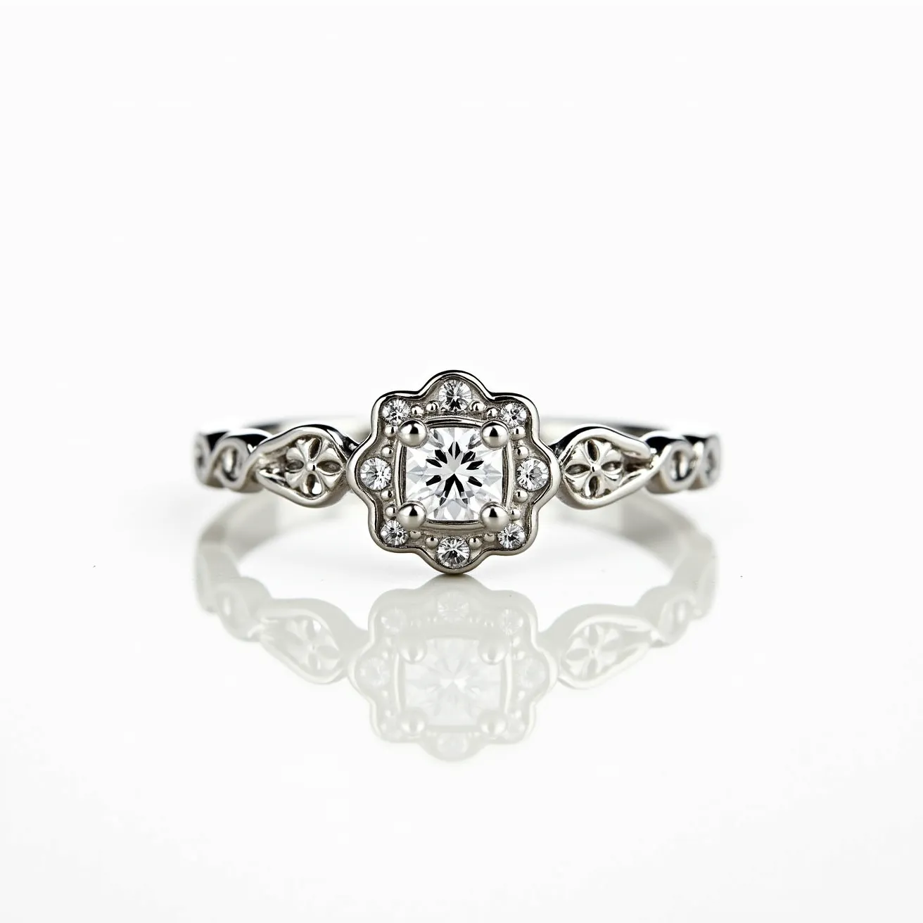 This promise ring features a delicate band crafted from silver-toned metal, elegantly designed with intricate patterns on the sides. At its center, a prominent, round-cut clear gemstone is set within a flower-like halo arrangement, enhancing its brilliance and appeal. The gemstone is surrounded by a pavé setting of smaller, matching stones that add a subtle yet sparkling accent to the finger. The ring's design suggests a refined and vintage-inspired aesthetic, combining classic elements with a modern touch.