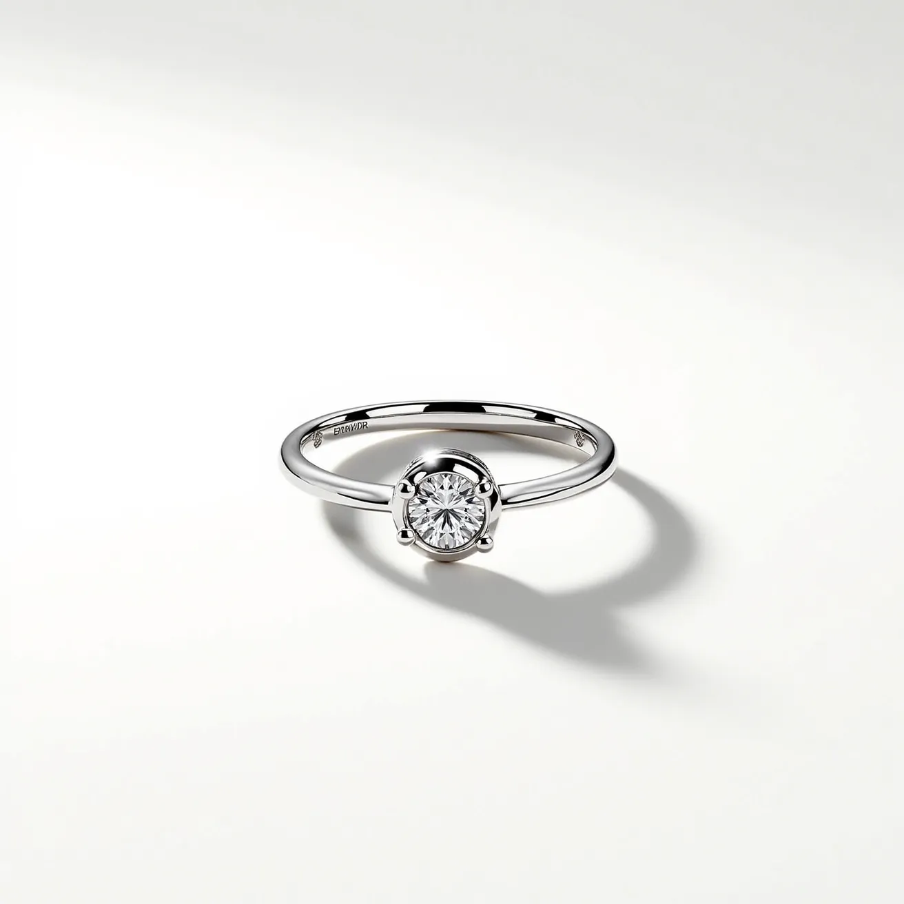 This promise ring features a sleek metal band, crafted from polished white gold or platinum, providing a gleaming backdrop for its central gem. The centerpiece is a round-cut diamond, securely held in place by a classic four-prong setting that accentuates the stone's brilliance and allows light to pass through its facets. The simplicity of the band's design, paired with the elegance of the diamond, creates a timeless piece symbolic of commitment and love. The ring's structure is seamless, without any intricate clasps or additional attachments, emphasizing the beauty of its minimalistic and elegant design.