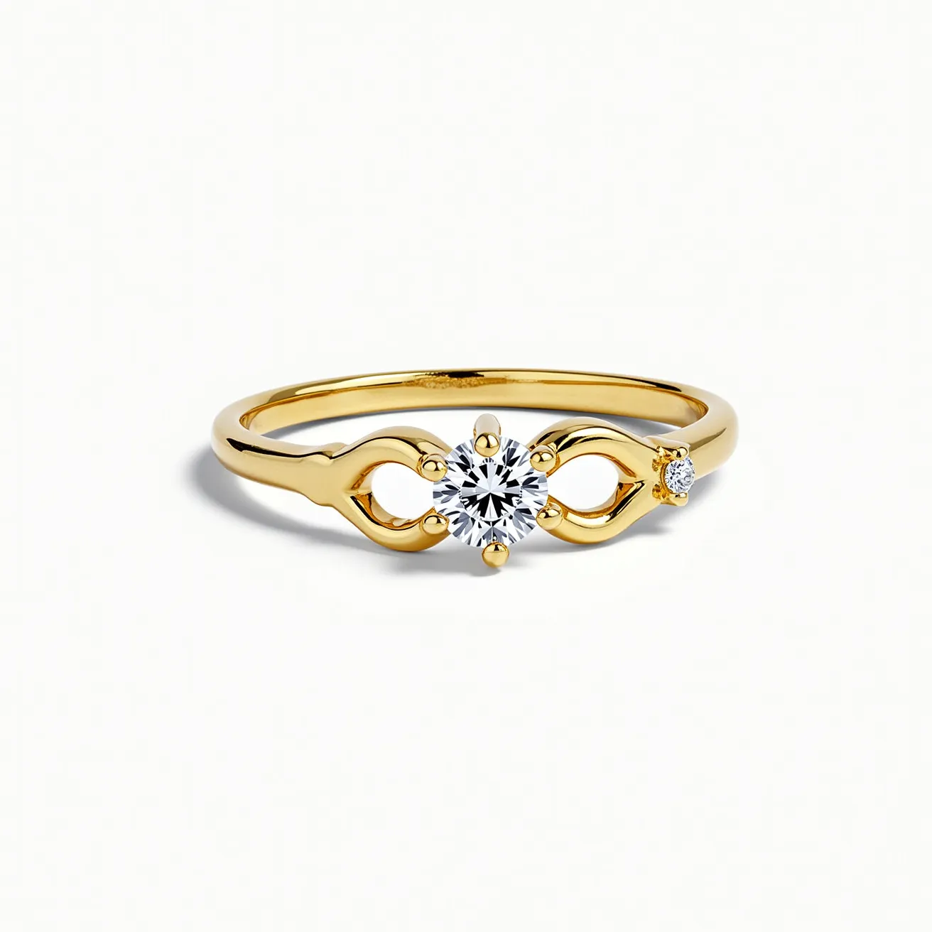 This promise ring features a beautifully crafted gold band, showcasing an elegant design with a central round-cut diamond set in a classic prong setting. On either side of the central stone, open design elements create an infinity-like motif, enhancing its symbolism. Accompanying the centerpiece, a smaller diamond accent is nestled into each side of the motif in a secure bezel setting. The overall look of the ring is both timeless and contemporary, with the gold providing a warm glow that complements the sparkling clarity of the diamonds.