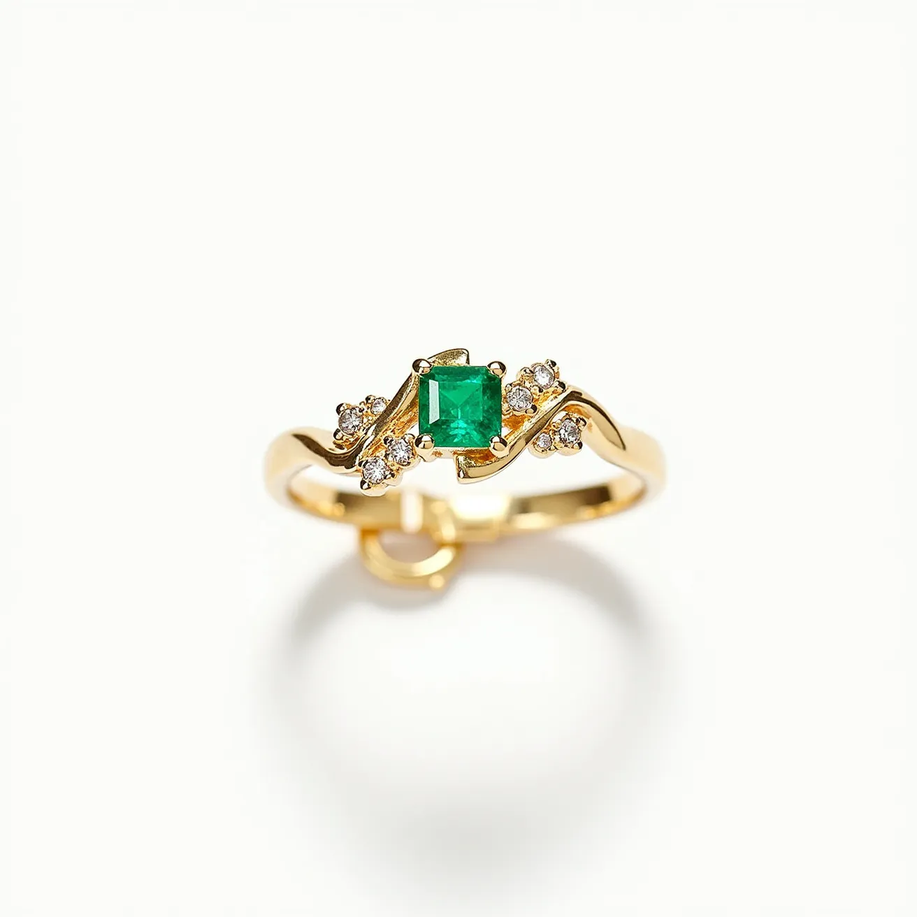 This promise ring features a central vibrant green emerald cut in a square shape, which is elegantly set in a prong setting allowing for optimal light reflection and emphasis. The band appears to be crafted from gold, enhancing the luxurious appearance of the piece. Accompanying the emerald are several smaller round white diamonds arranged in a cluster pattern on either side, also held by prongs, adding sparkling accents to the design. The band itself has a gentle swirl pattern that integrates the gemstones seamlessly into its flow, creating a cohesive and charming aesthetic.