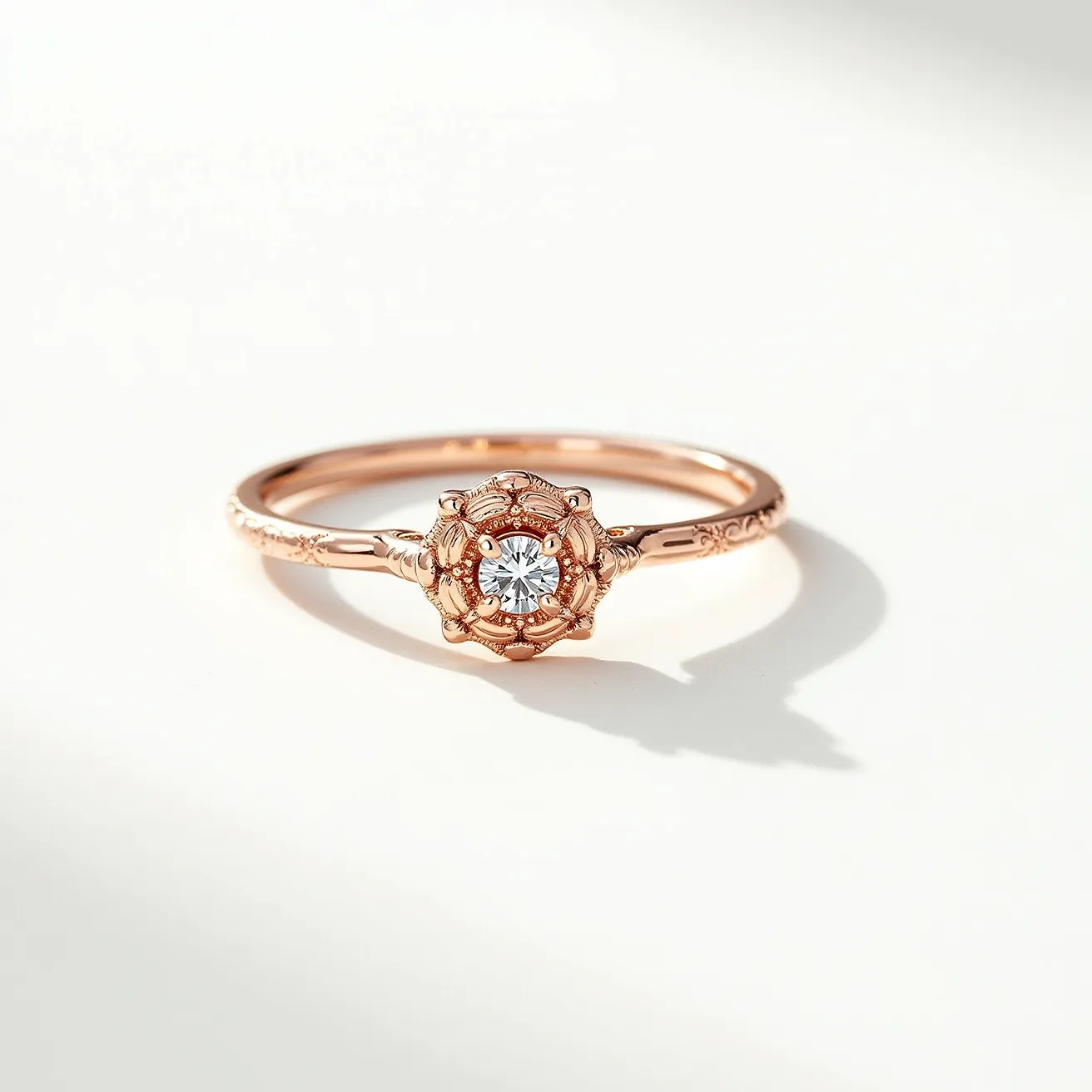 This promise ring is crafted from rose gold, featuring intricate engraved detailing along the band. At its center, a round brilliant-cut diamond is securely nestled in a floral-shaped setting, adding an elegant and timeless touch to its overall design. The delicate and ornate structure showcases a vintage-inspired aesthetic, highlighting the diamond's sparkle and enhancing the ring's romantic appeal.