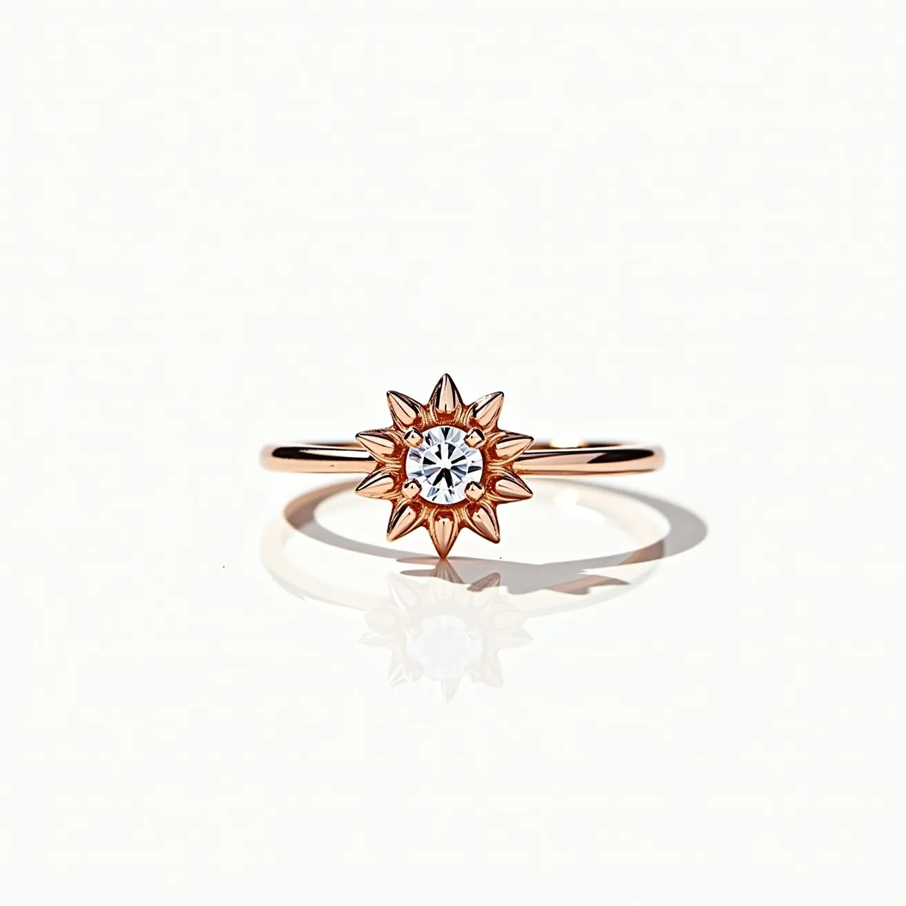 This promise ring features a delicate band crafted from a rose gold material, creating a warm, elegant appearance. At the center is a brilliant-cut clear gemstone, possibly a diamond or cubic zirconia, set securely in a prong setting that evokes a sunburst design. The sunburst motif enhances the ring's charm, with intricately shaped gold detailing radiating around the center stone. The straightforward design of the band and setting focuses attention on the unique, decorative centerpiece, making the ring both understated and striking.