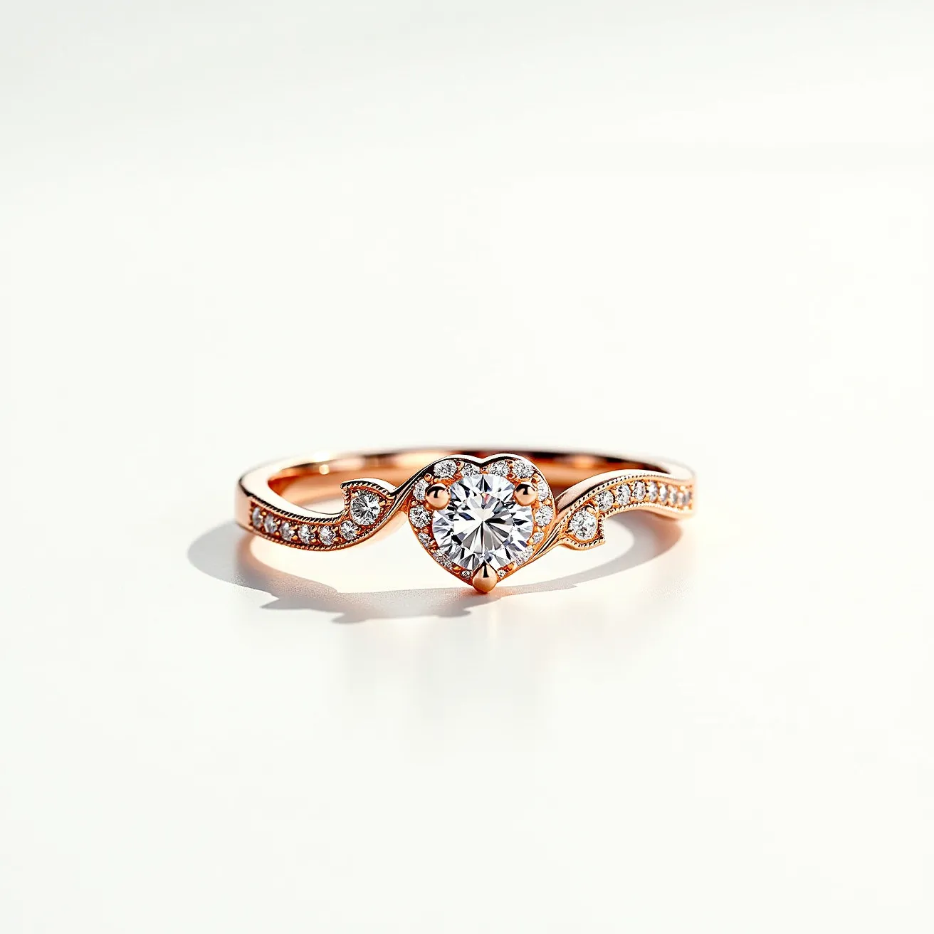 This promise ring is crafted from rose gold, featuring a heart-shaped centerpiece adorned with a brilliant-cut gemstone, likely a diamond, held securely in a prong setting. The band is elegantly designed with a series of smaller, round brilliant-cut stones, also set in rose gold, which add sparkle and continuity to the design. The intricate detailing around the edges of the band enhances its overall graceful appearance.