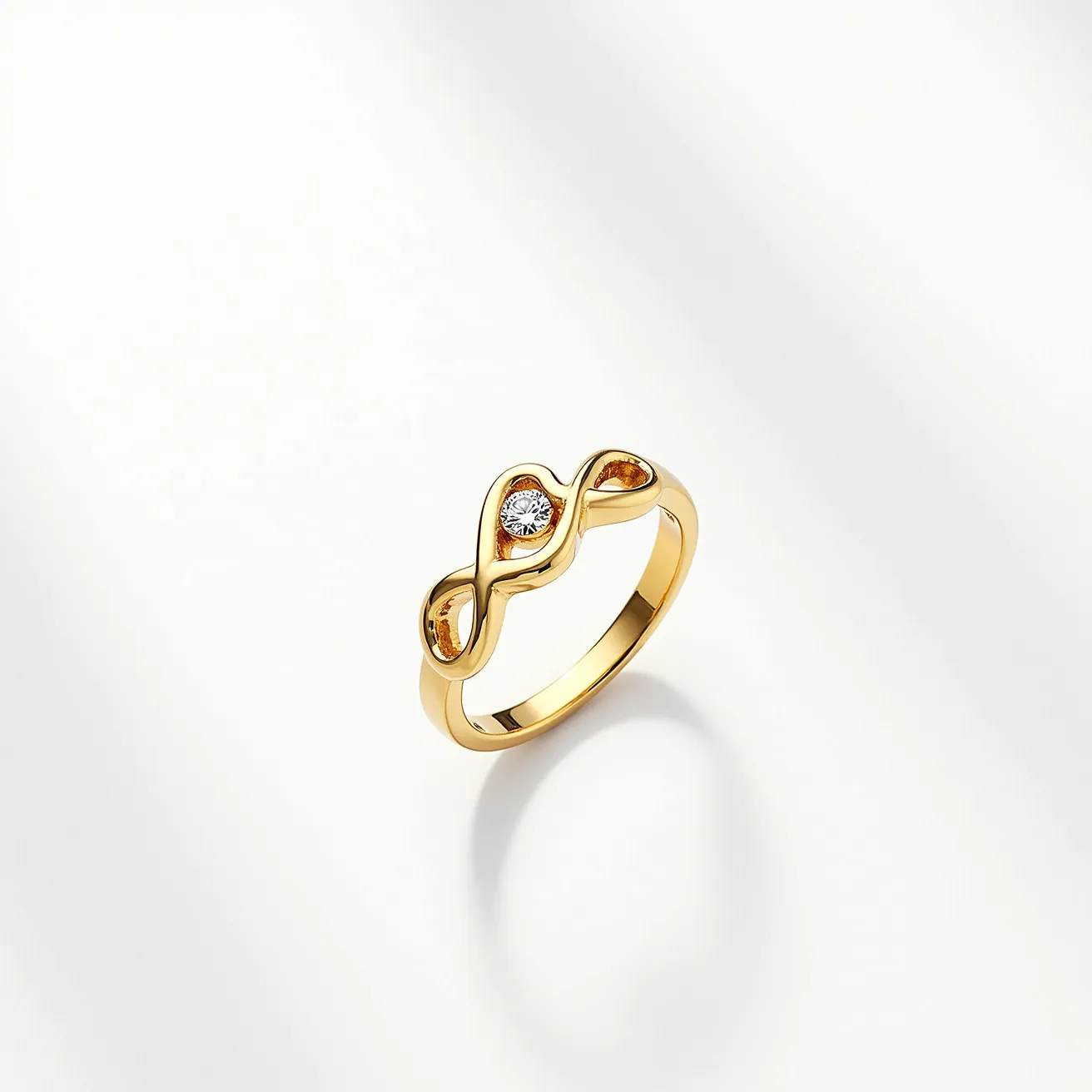 This promise ring features a gold band crafted into an infinity shape, symbolizing eternal commitment. At the center of the infinity loop, there is a round-cut diamond securely set, enhancing the elegance of the design. The smooth, polished finish of the gold gives the ring a timeless appeal, while the stone's setting ensures it remains the focal point. This ring is designed without any additional clasps or attachments, emphasizing its simplicity and meaning.